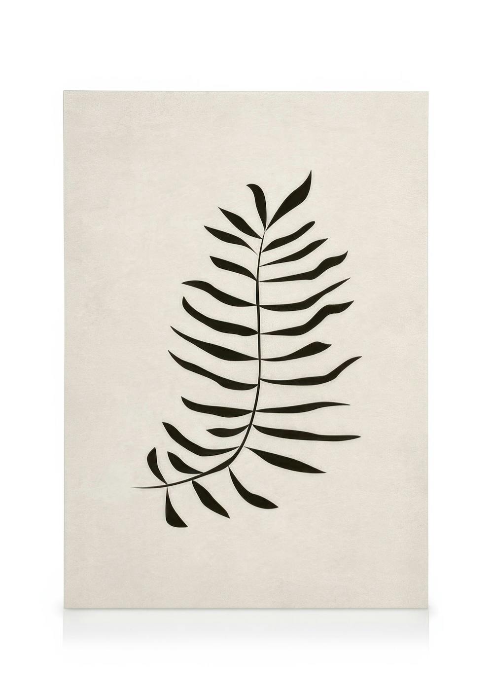 Black fern leaf silhouette canvas print, minimalist botanical art on beige background.