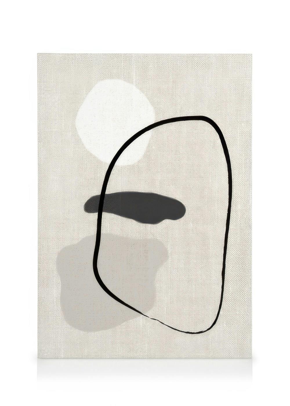 Lærred med abstrakt kunst. Hvide, sorte og beige former og en sort streg på linnedfarvet baggrund.