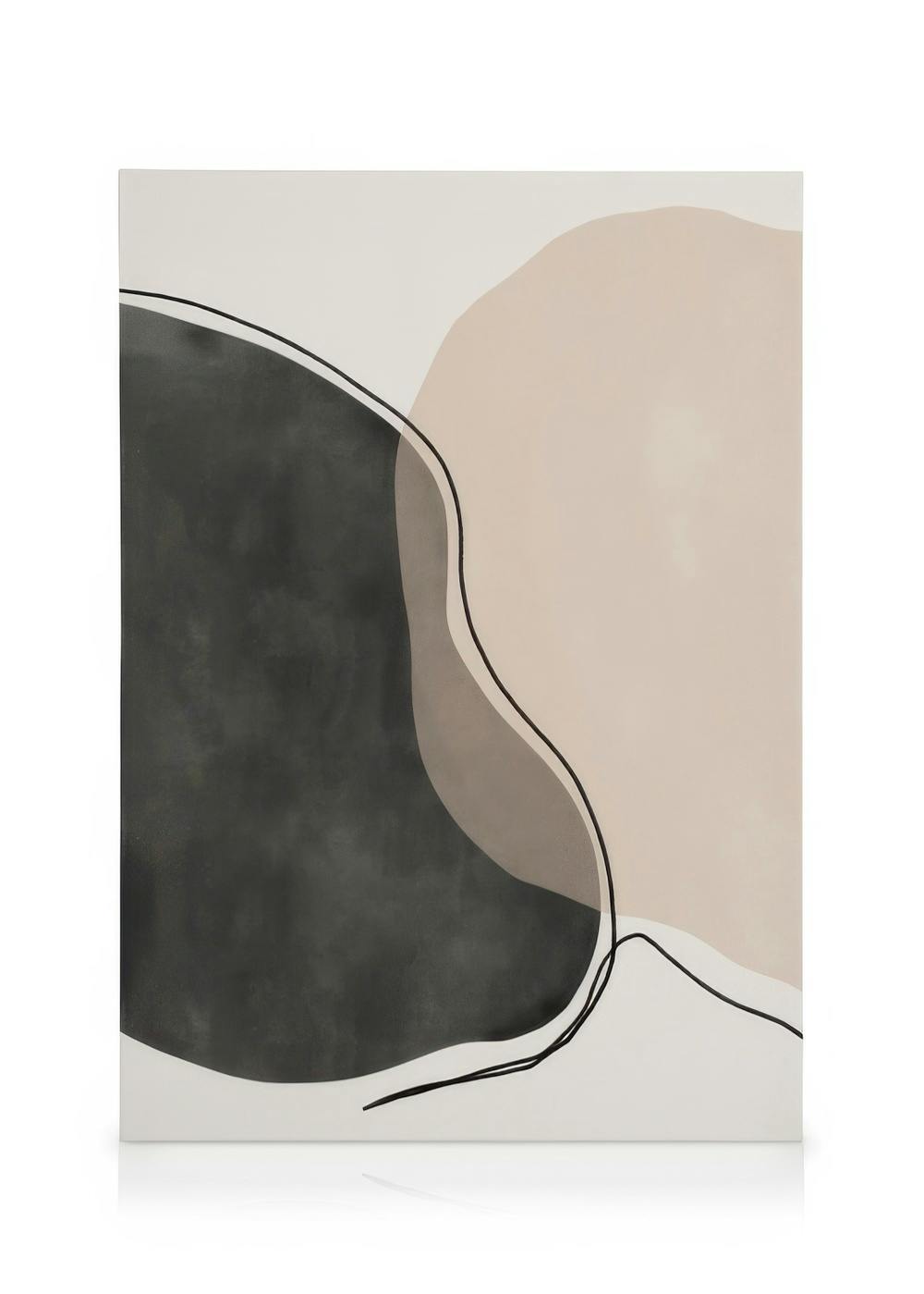 Toile abstraite avec formes noires et beiges, lignes fines, sur fond blanc. Tableau contemporain et design.