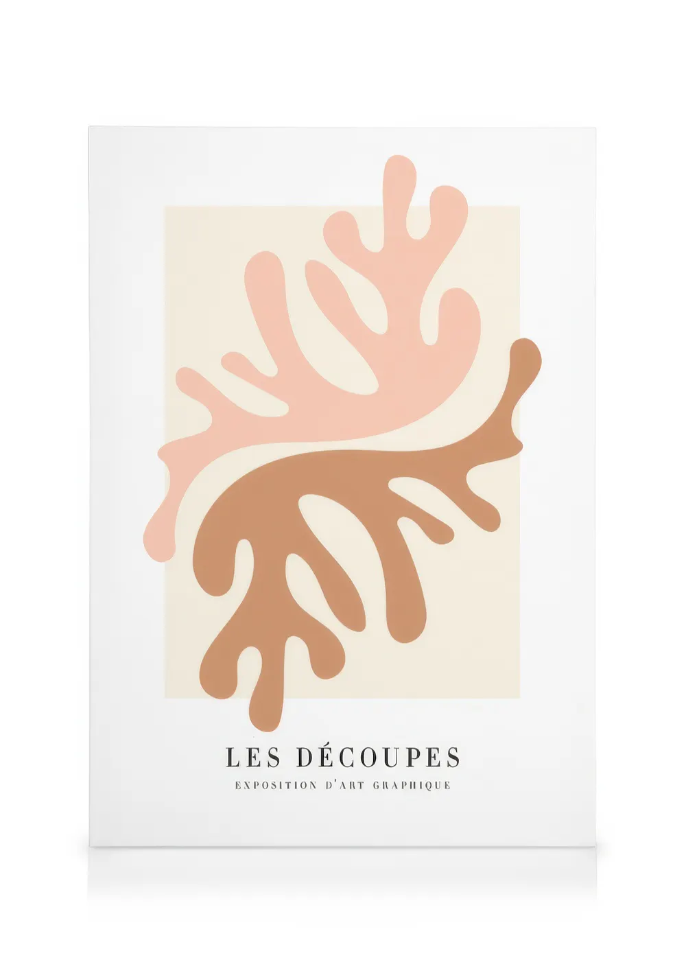 Toile abstraite rose et marron avec formes géométriques et typographie, encadrée de blanc