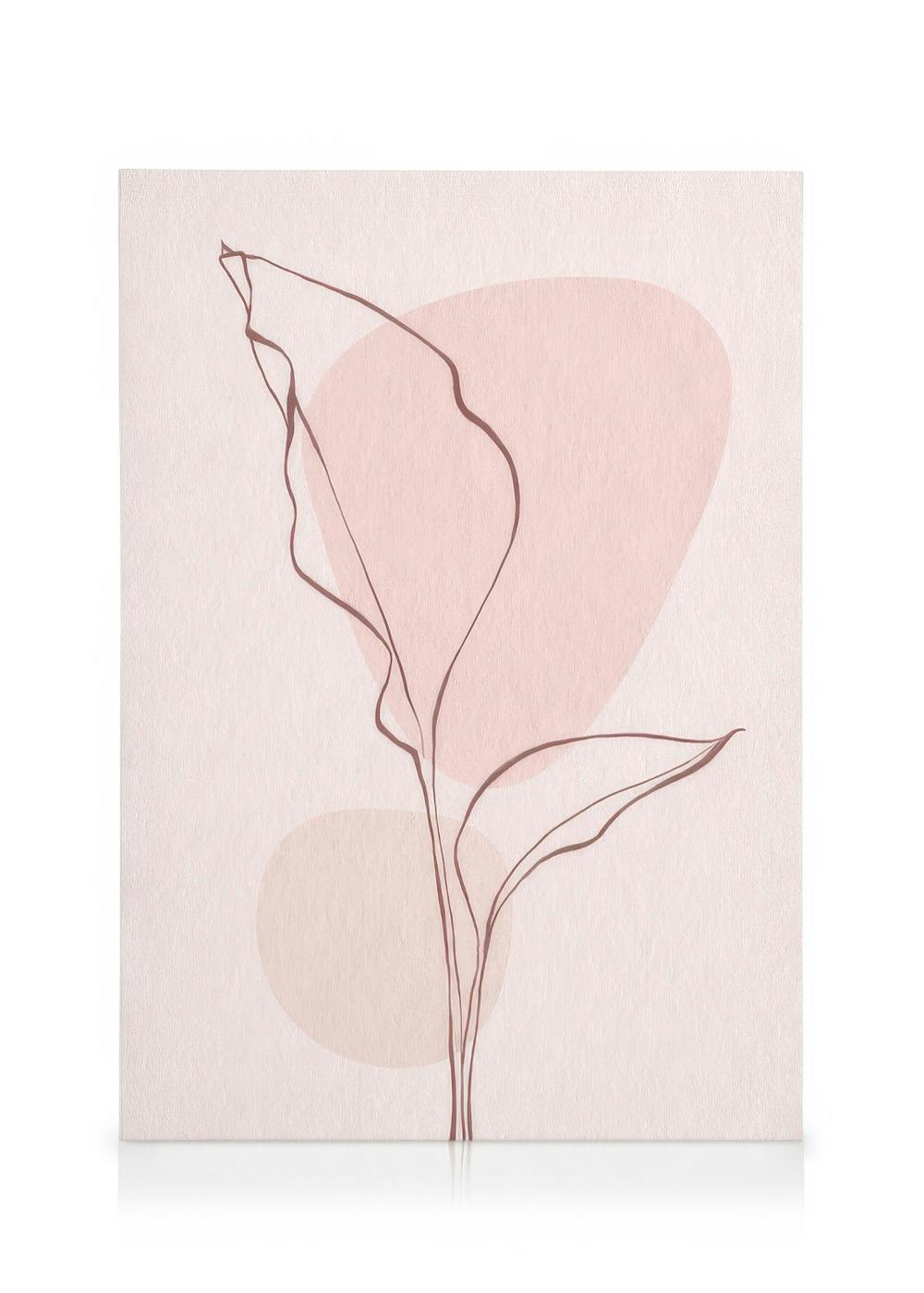 Obraz na plátne s ružovými listami, minimalistická rastlinná kresba hnedou linkou na svetloružovom pozadí s bledoružovými oválny