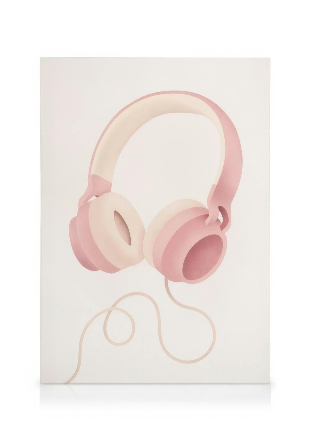 Canvas met roze koptelefoon, gebogen hoofdband, ronde oorschelpen op lichtbeige achtergrond, minimalistisch