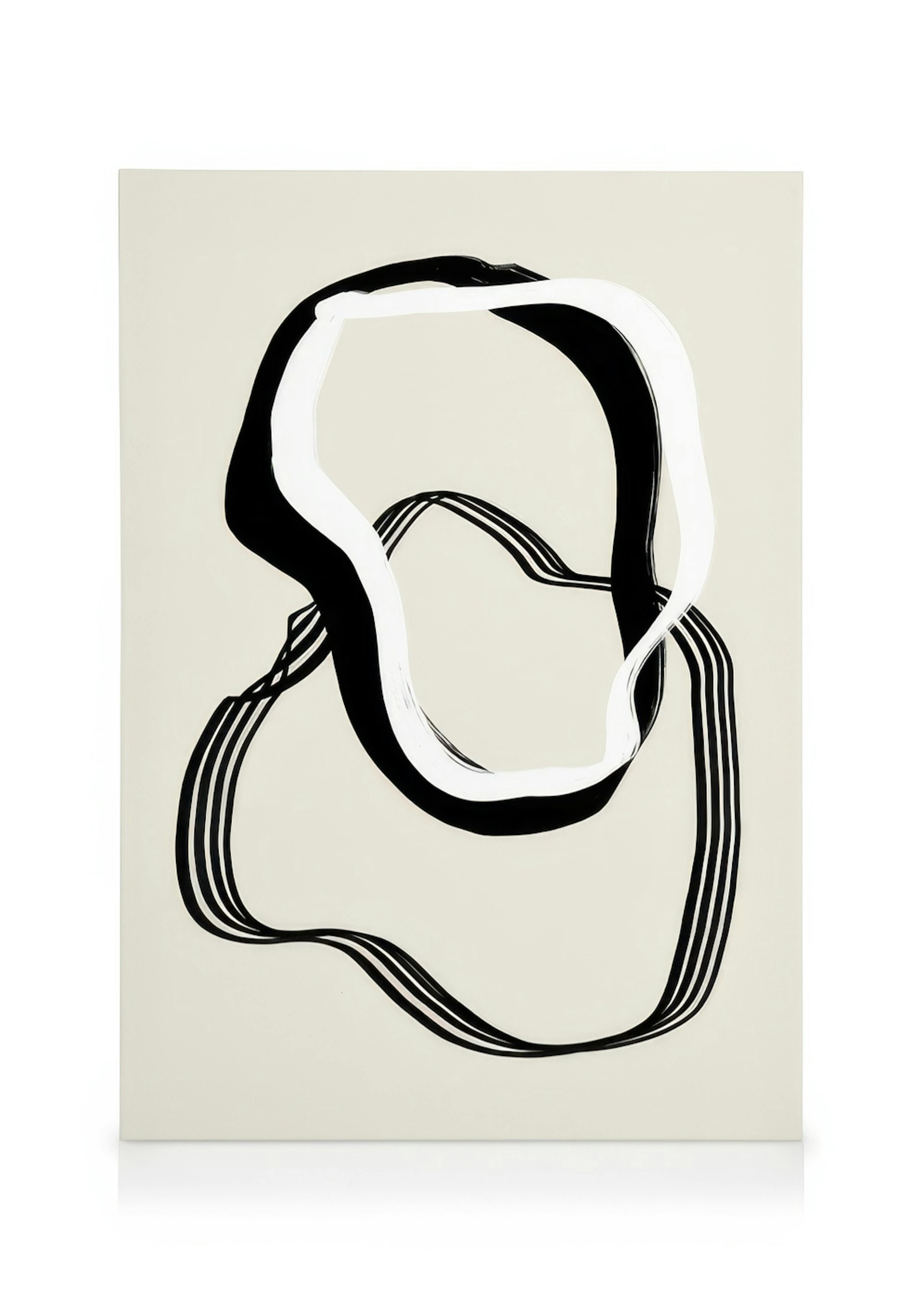 Lienzo abstracto The Lines No1 con remolinos negros y blancos sobre fondo beige, arte de pared contemporáneo.