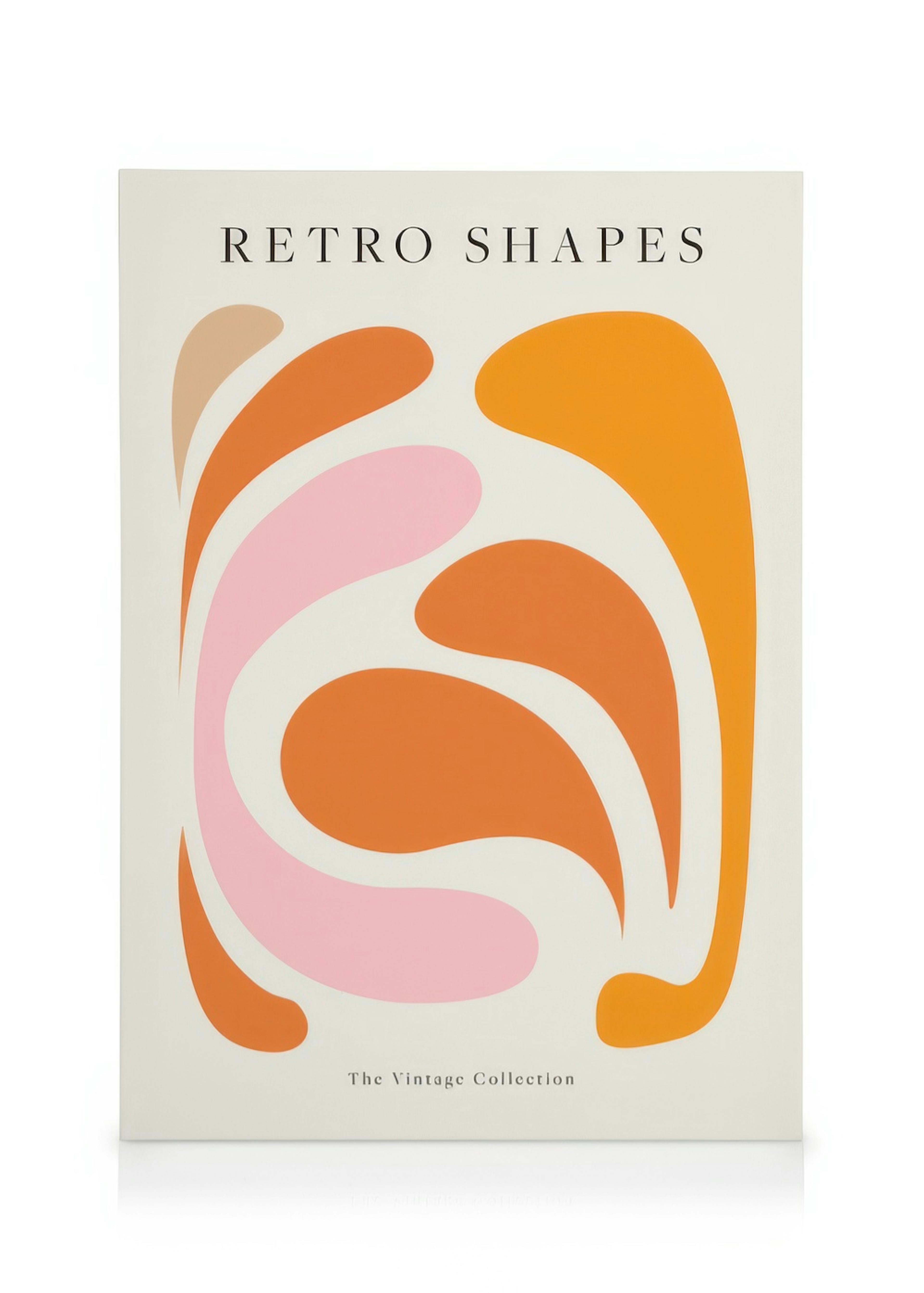 Toile avec des formes abstraites et courbées roses et oranges sur fond blanc, typographie rétro Retro Shapes