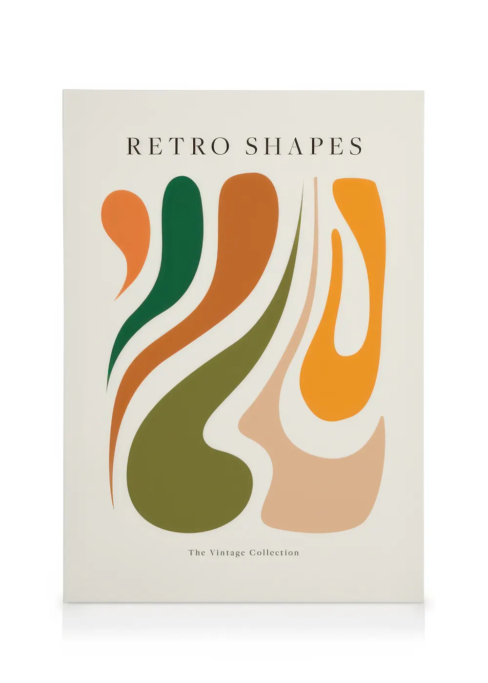 Stampa su tela con forme astratte ondulate in verde, marrone, arancione e beige, testo Retro Shapes.