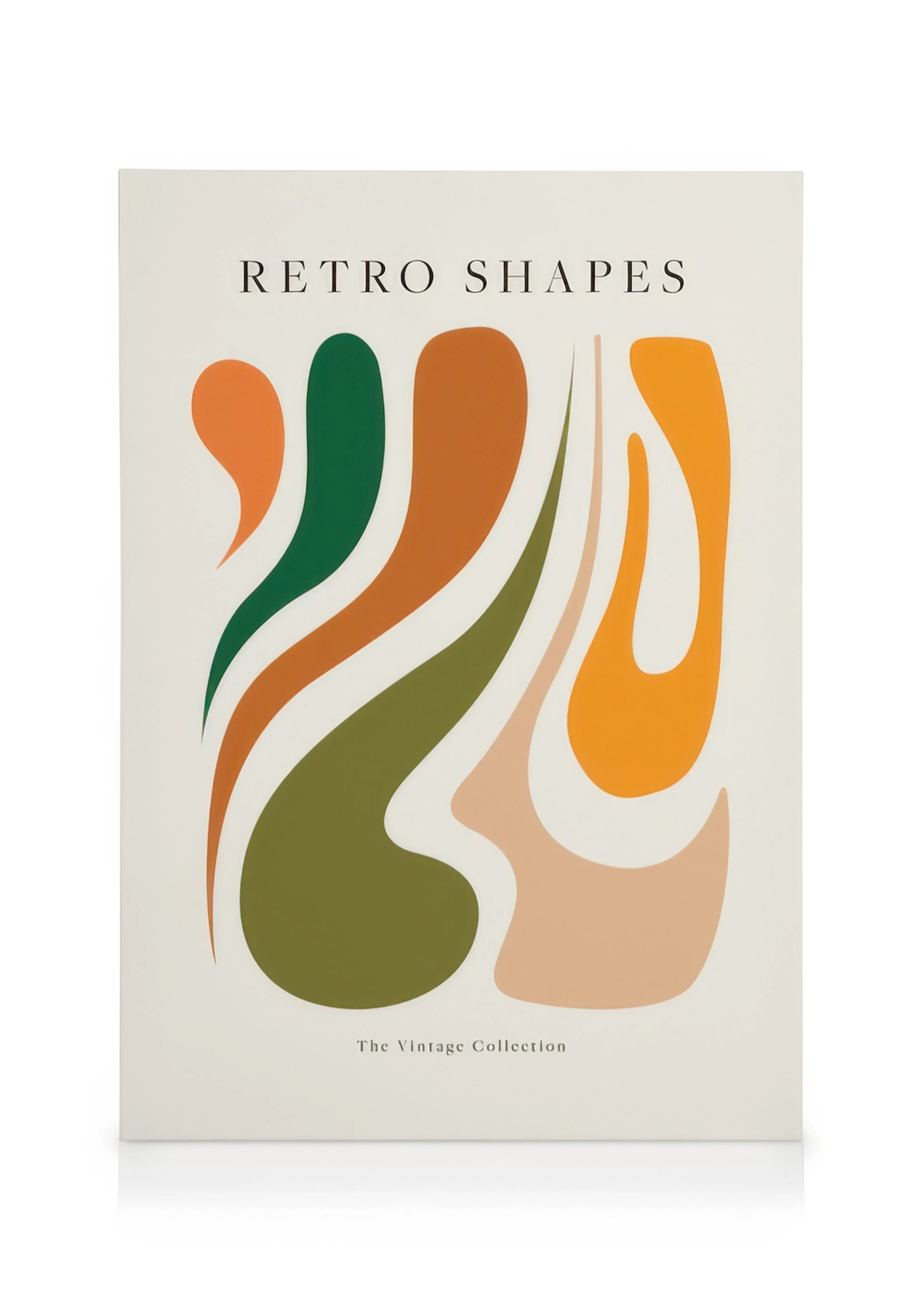 Stampa su tela con forme astratte ondulate in verde, marrone, arancione e beige, testo Retro Shapes.