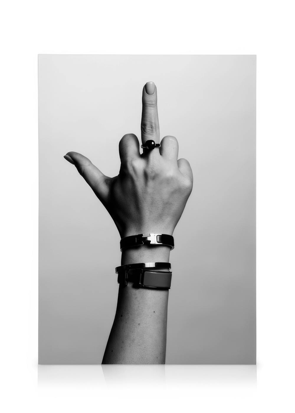 Svartvit canvastavla av en hand med uppsträckt långfinger, bärande armband och ring, för ett djärvt uttalande.