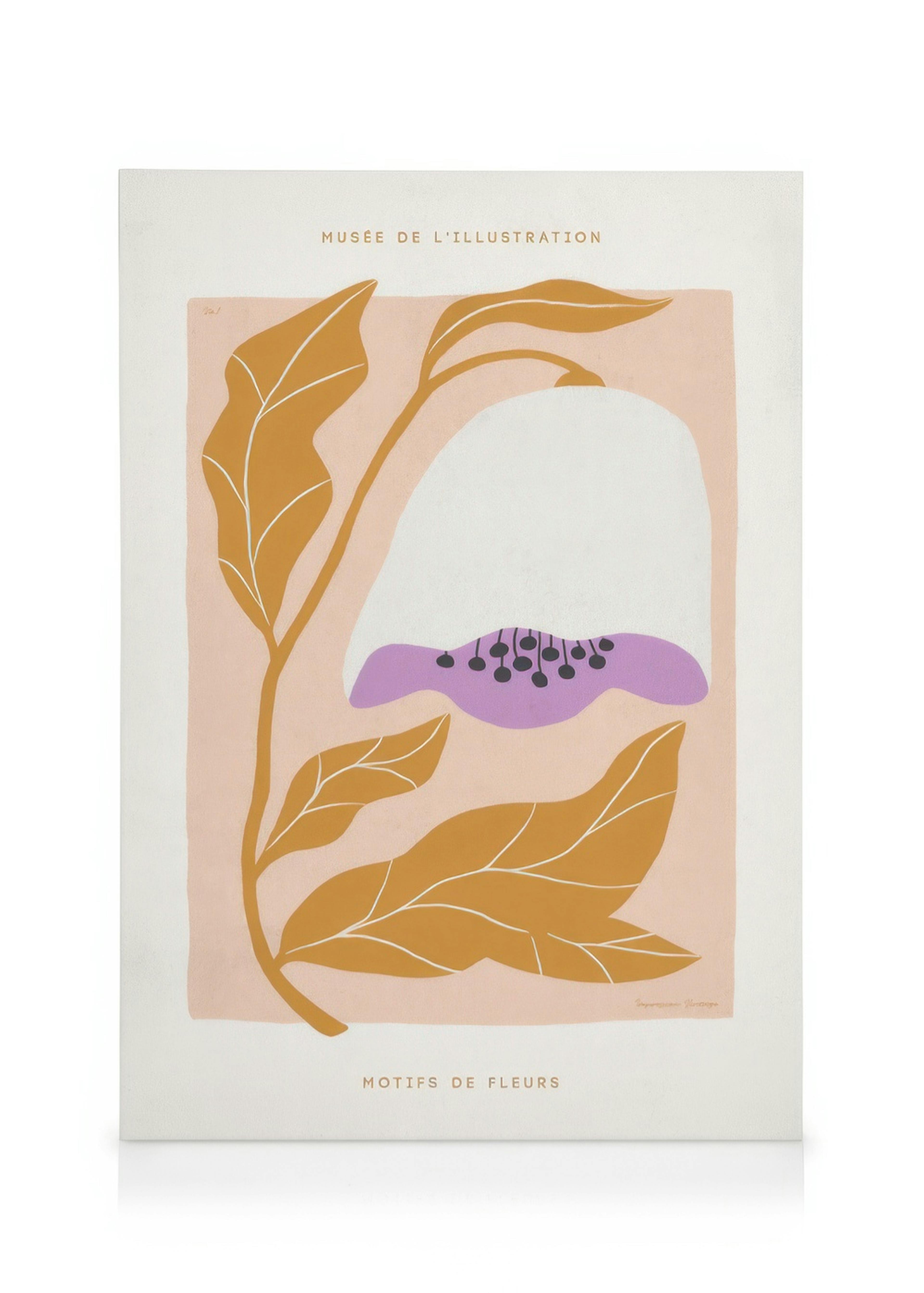 Stylised floral canvas print with gold leaves, white arch, and black-dotted purple shape on a light pink background.