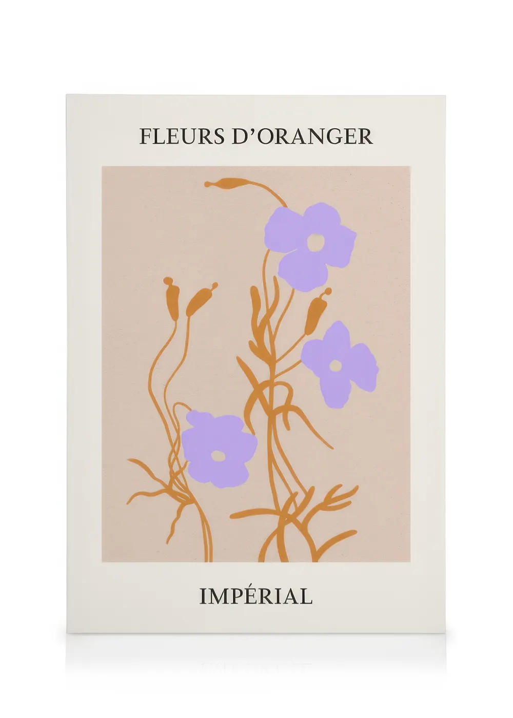 Fleurs No1 canvas with lilac flowers, orange stems, and beige background, a botanical art print.