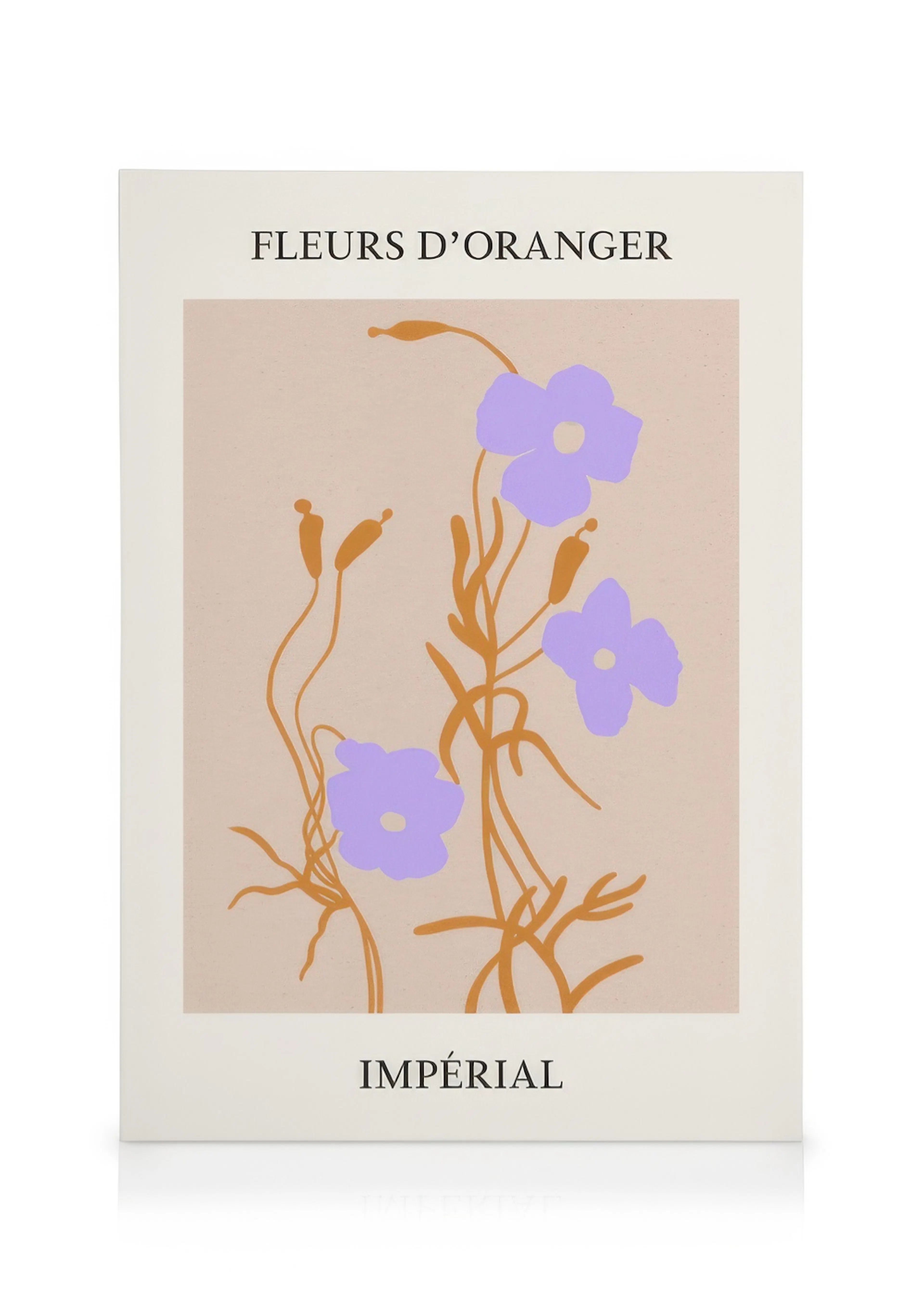 Fleurs No1 canvas with lilac flowers, orange stems, and beige background, a botanical art print.