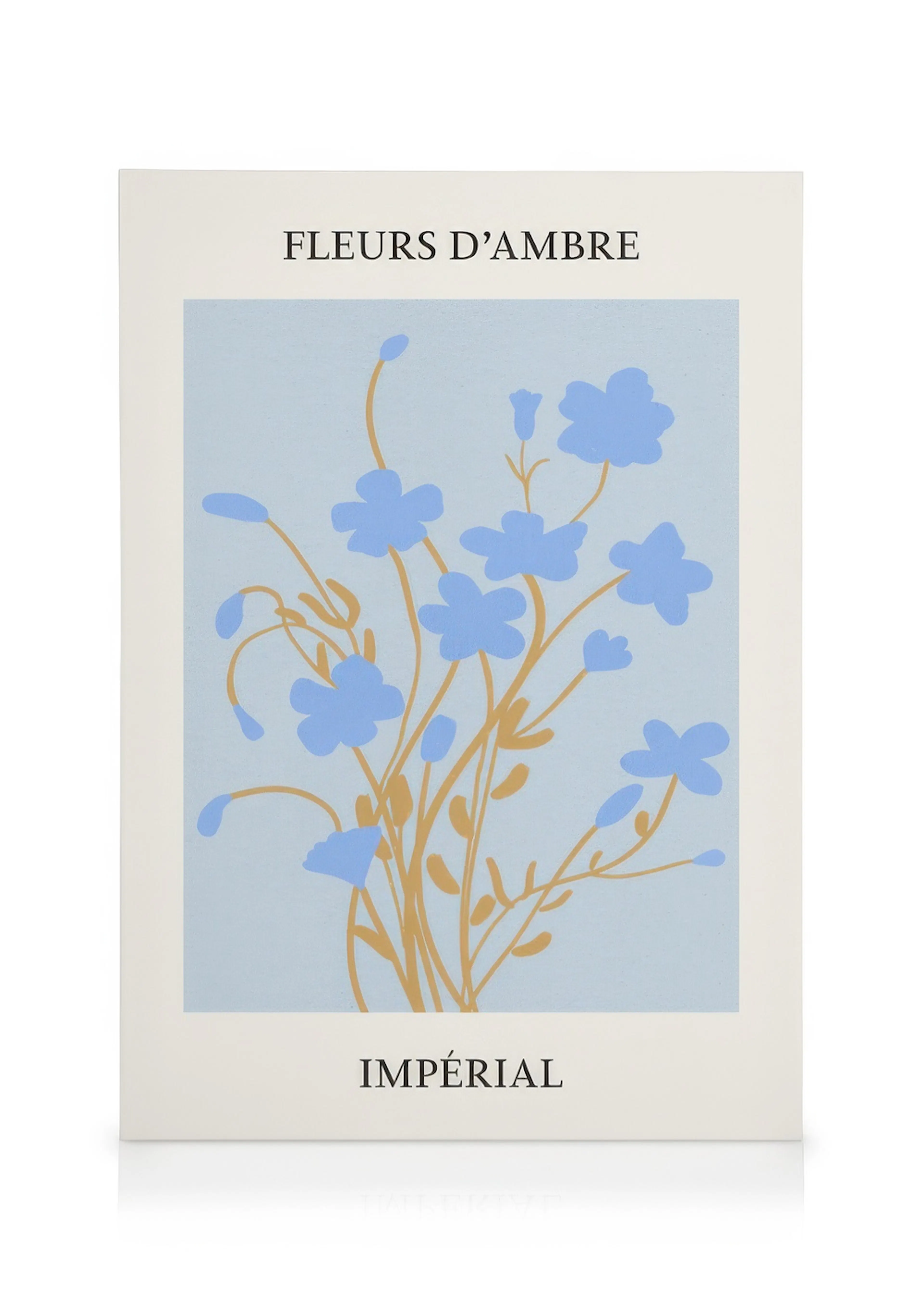 Lienzo Fleurs No2: flores azules sobre tallos marrones en un fondo azul claro con texto negro.