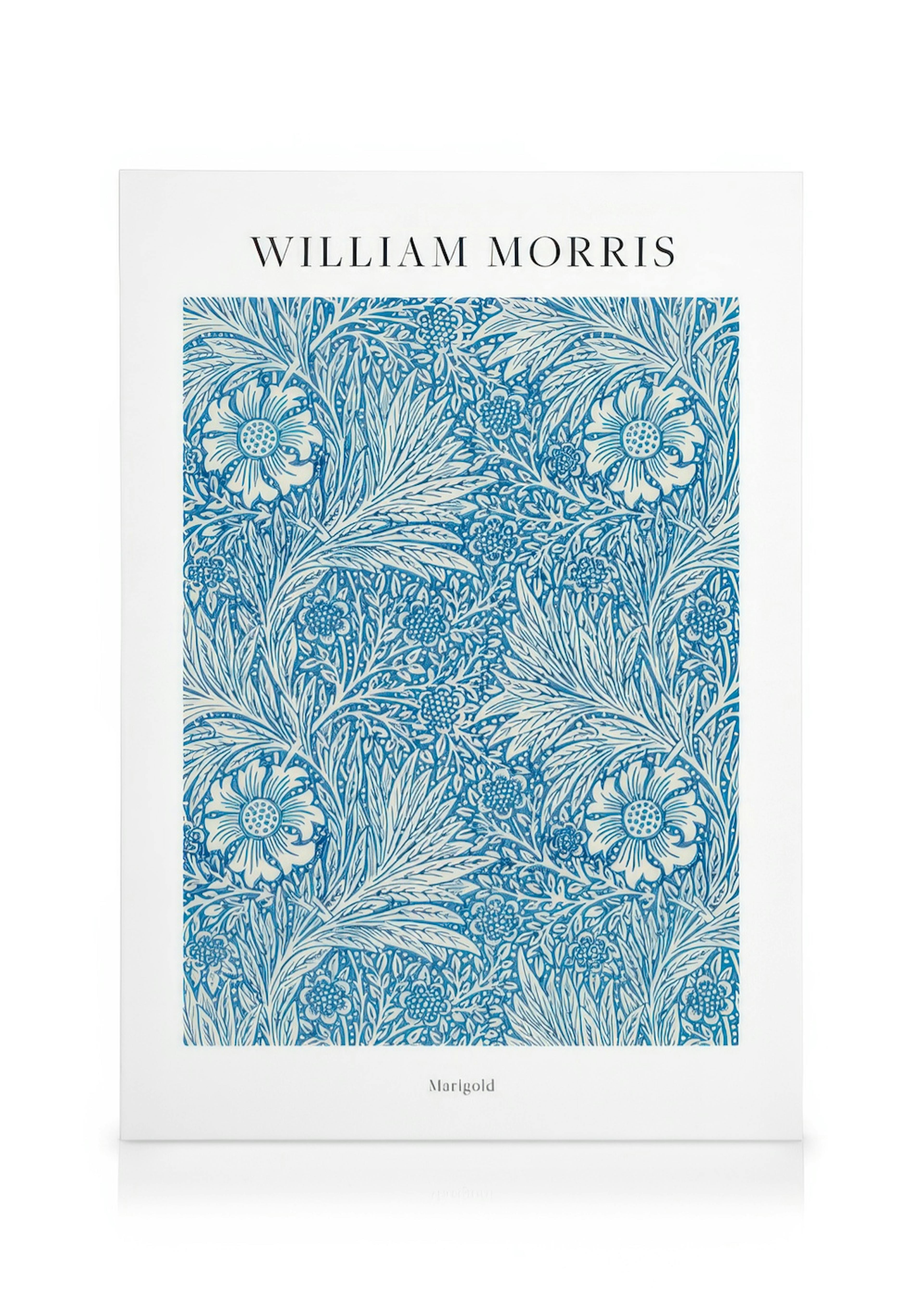 Lienzo William Morris Marigold: patrón floral azul con hojas y flores blancas estilizadas.