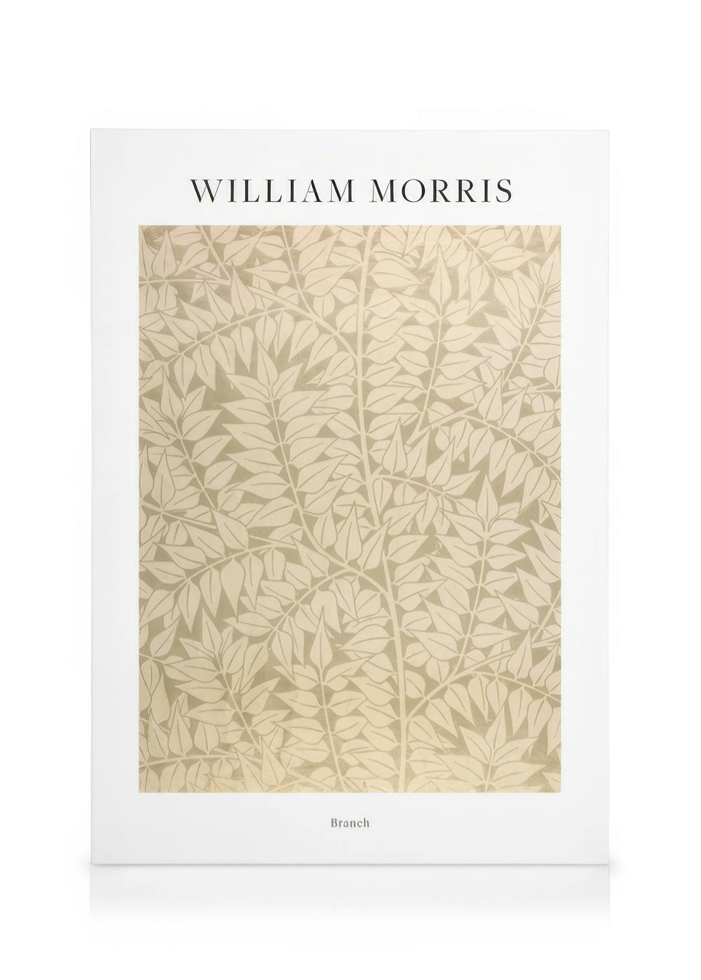 Stampa su tela Branch di William Morris, motivo di rami e foglie beige su sfondo chiaro, design classico.
