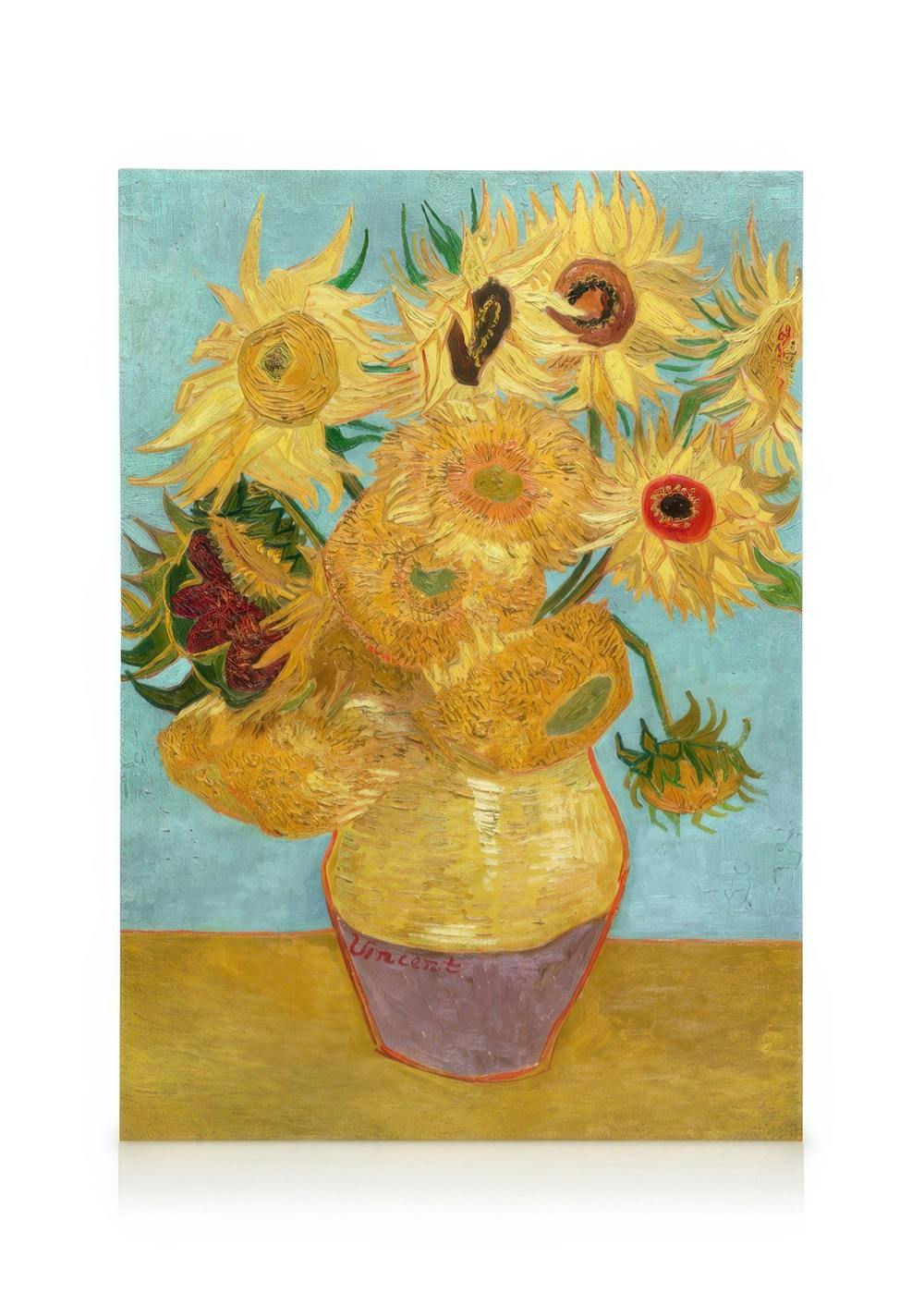 Van Goghs Vase with Twelve Sunflowers, an impressionist oil painting of vibrant yellow sunflowers in a yellow vase.