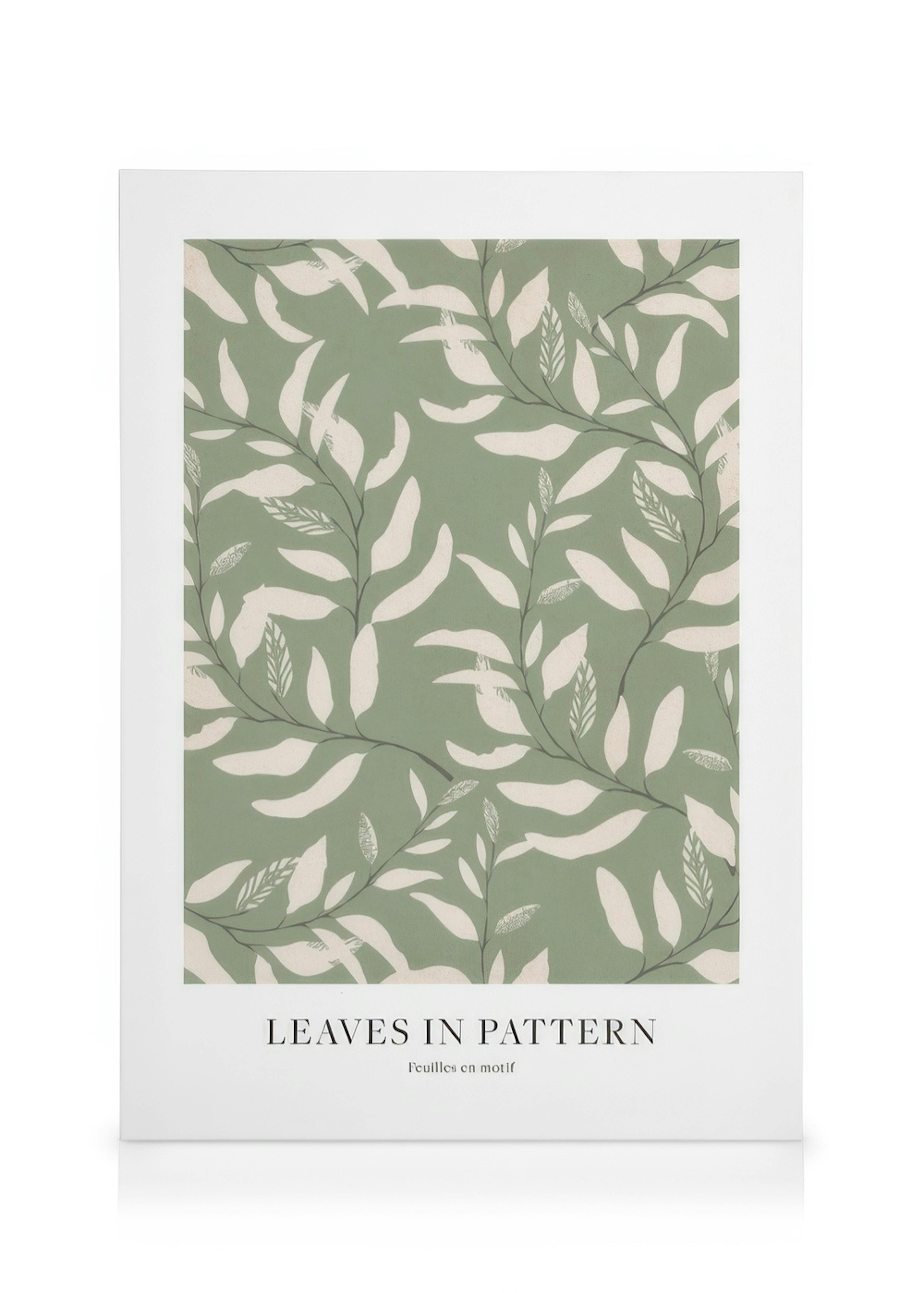 Green and white botanical pattern canvas print featuring delicate leaves and branches on a sage green background.