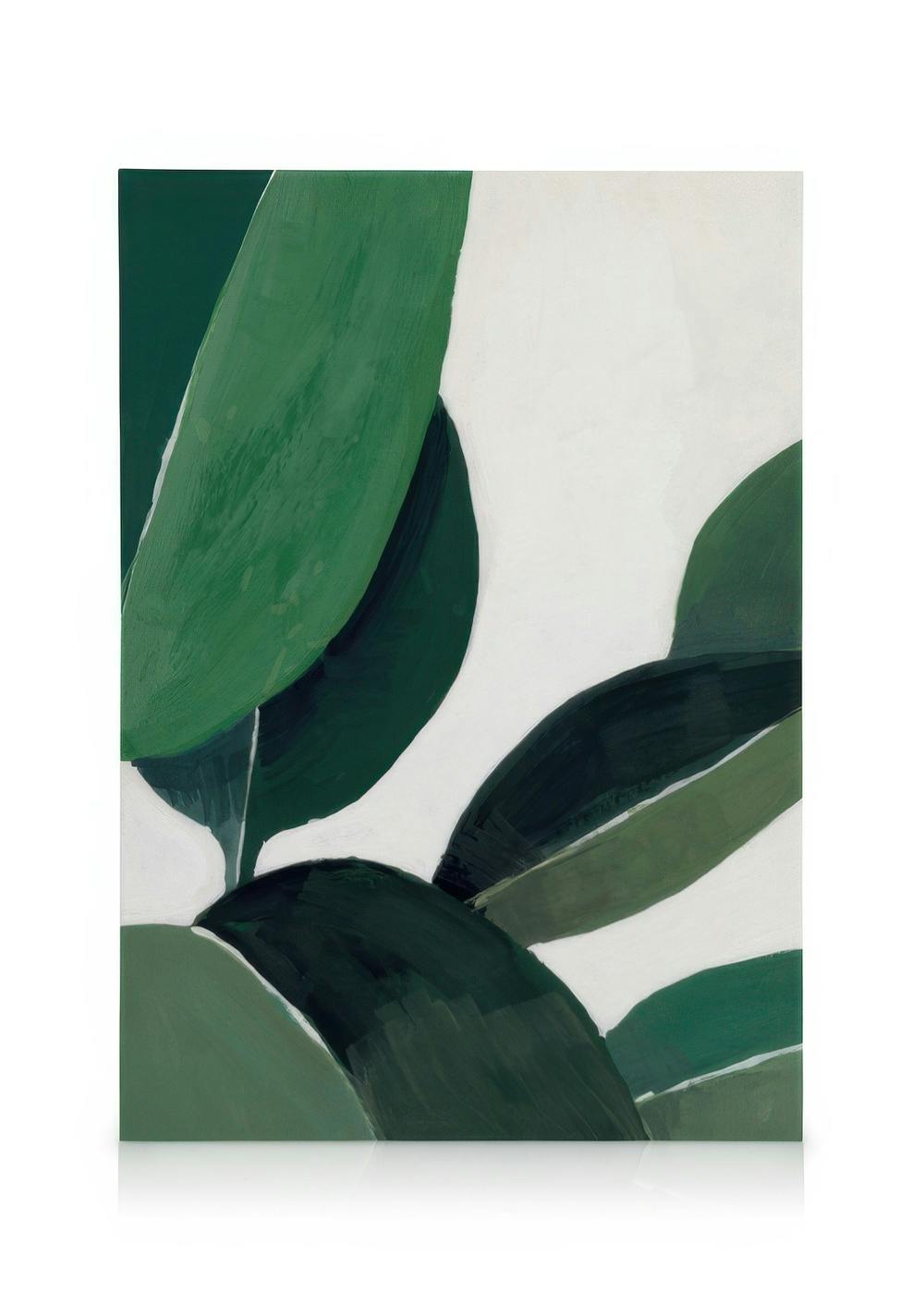 Lienzo abstracto con formas orgánicas de hojas verdes superpuestas sobre un fondo blanco.