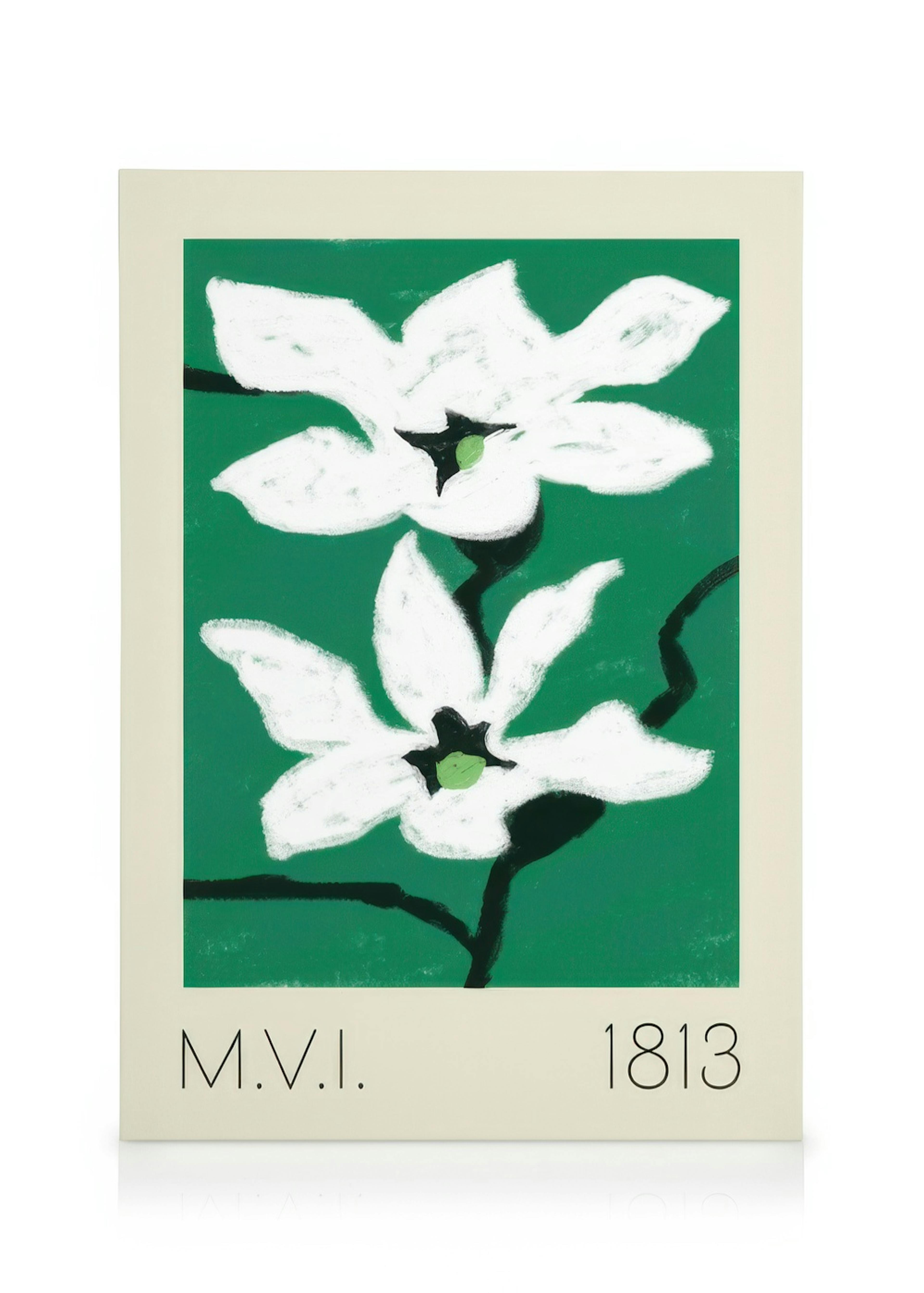Stampa su tela botanica minimalista, due fiori bianchi con centri neri su sfondo verde, linea marrone.