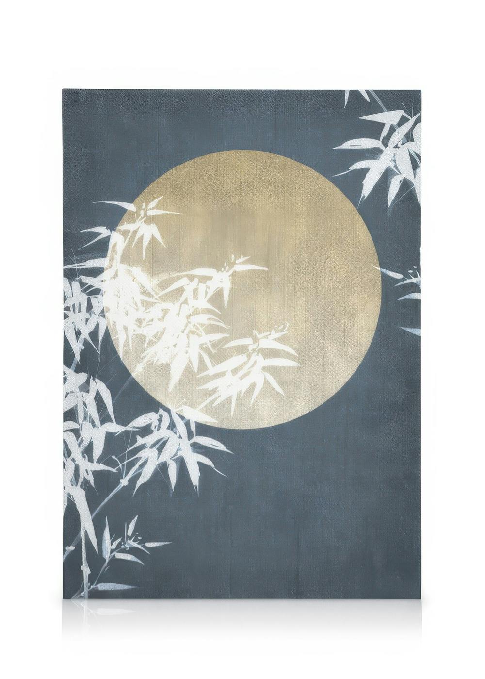 Moon Night Sky canvas print, golden moon and white bamboo on dark blue background, Japanese style art.