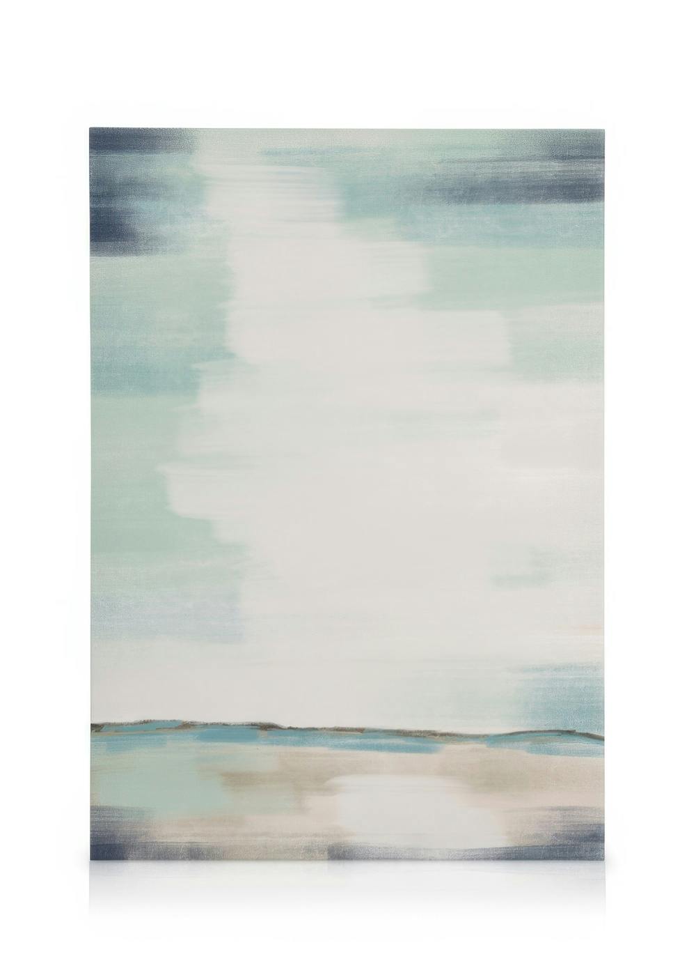 Abstract desert landscape canvas in green, white, and brown brushstrokes with a minimalist horizon line.