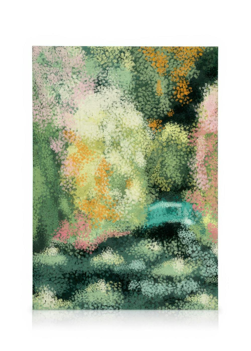 Canvastavla med prickar i grönt, rosa, gult, orange och blått som bildar ett abstrakt landskap.