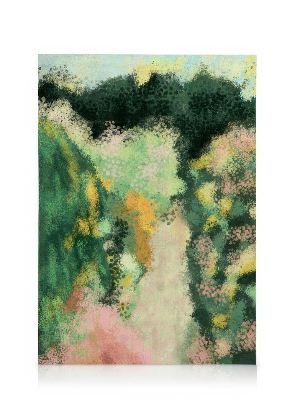 Leinwandbild Impressions No2 mit abstrakter Landschaft, grünen, gelben und rosa Farbtupfern, die eine impressionistische Szene s