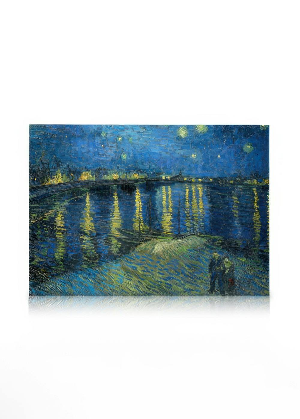 Van Goghs Starry Night Over the Rhône canvas print featuring a blue night sky, yellow stars, and city lights reflecting on the w