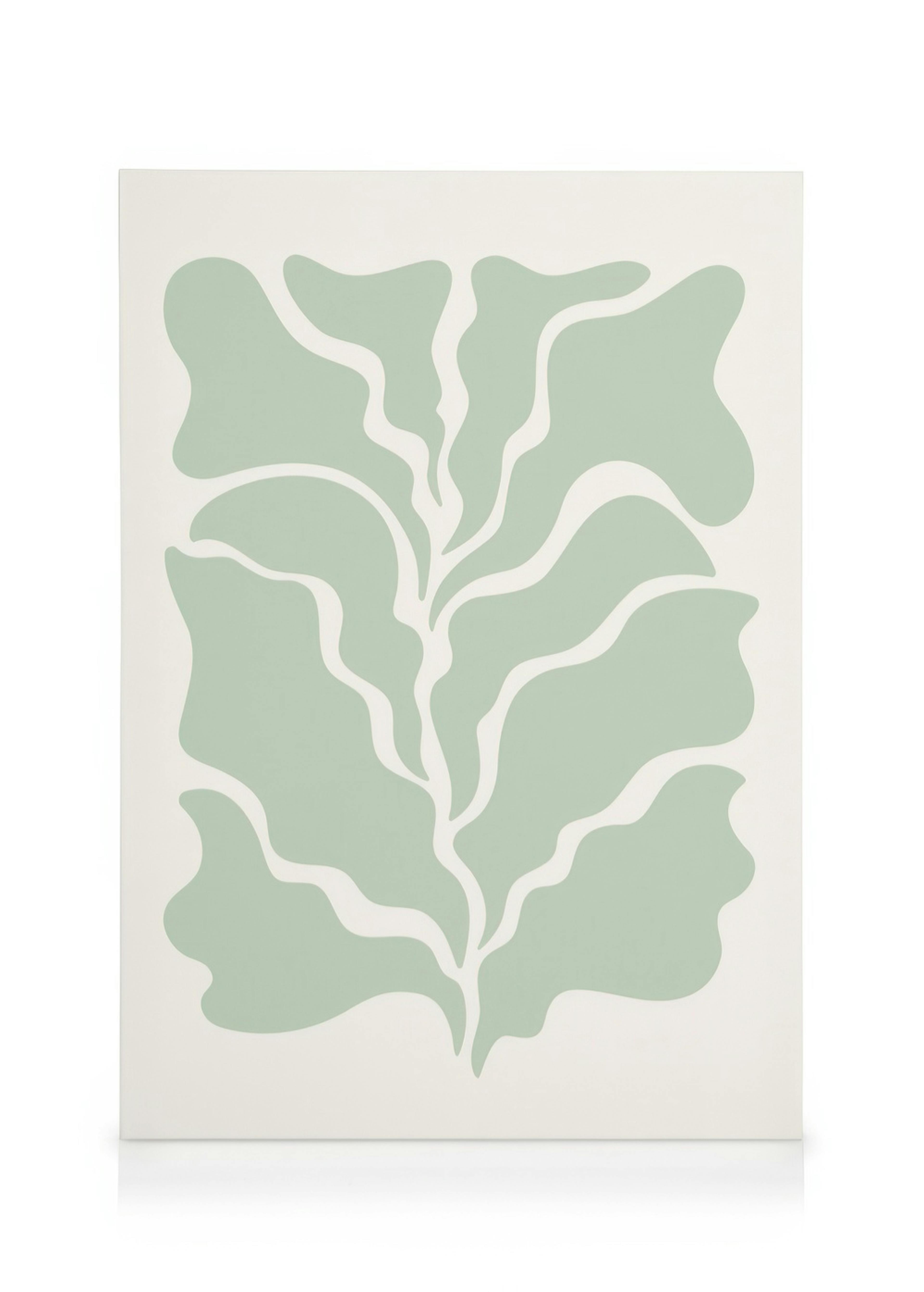 Green leaf canvas print featuring an abstract botanical design with stylised leaves in sage green on a beige background.