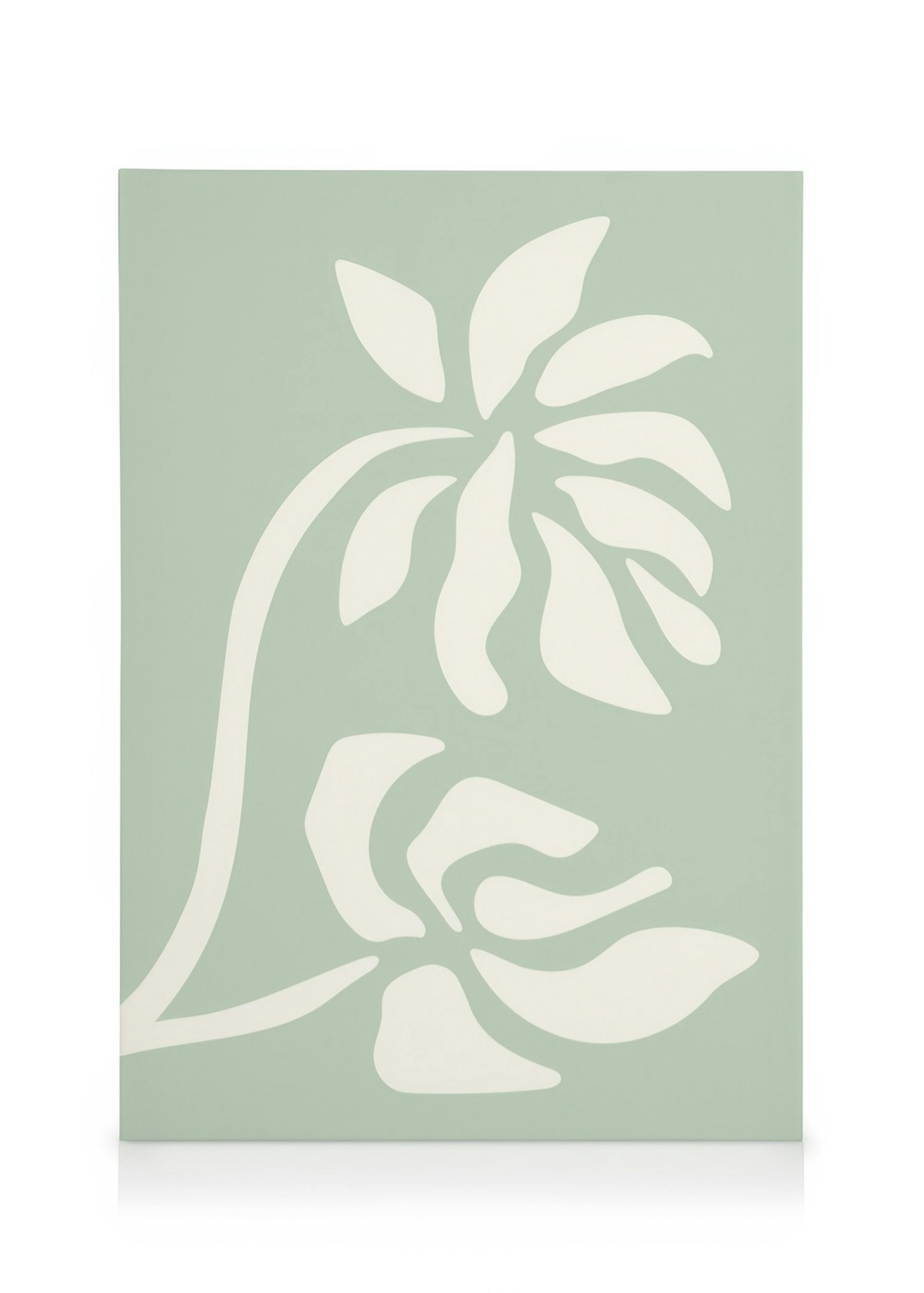 Quadro em tela com design floral recortado branco sobre fundo verde-claro. Arte botânica decorativa para parede.