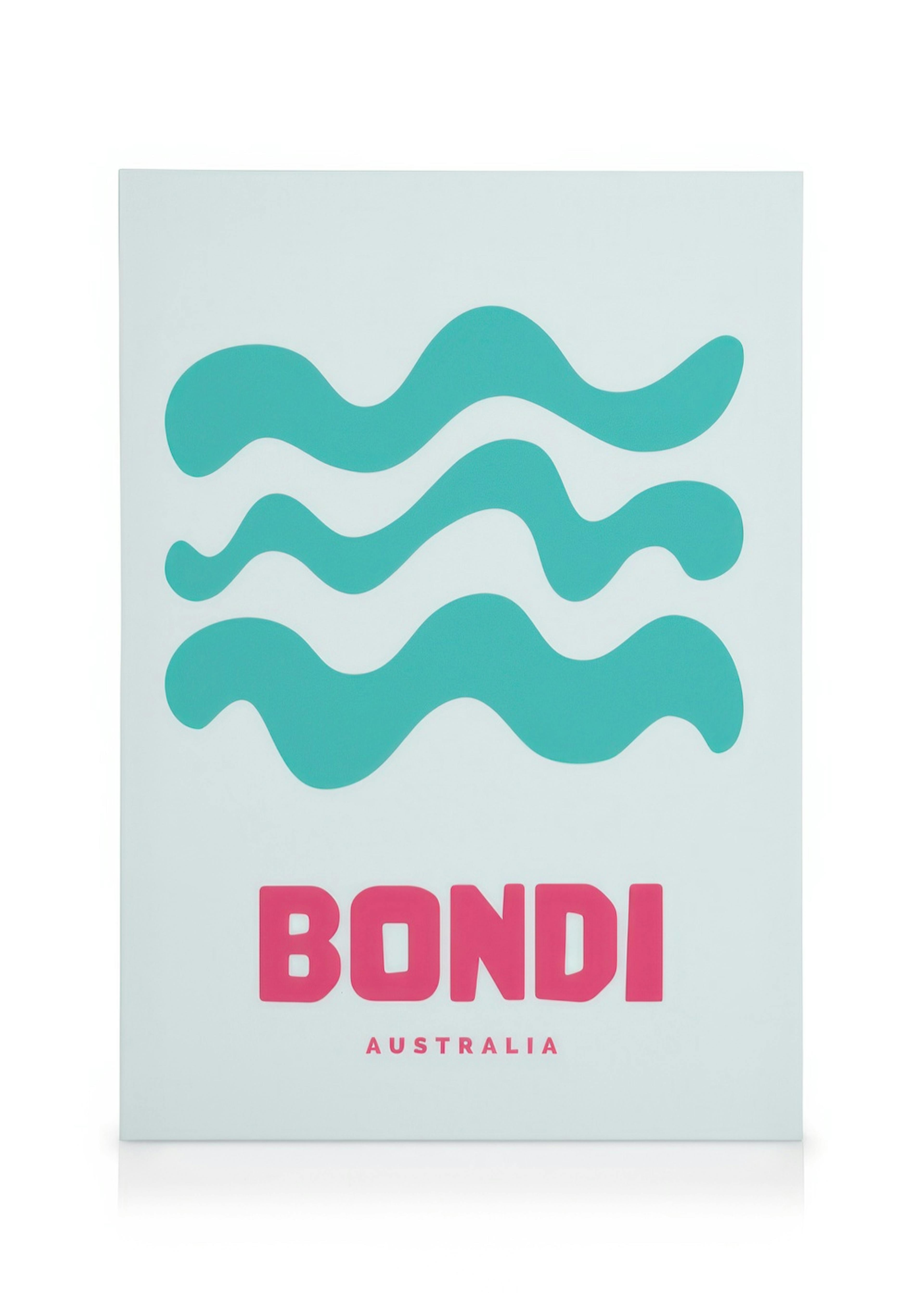 Lienzo Bondi con olas azul verdoso y texto rosa Bondi Australia sobre fondo blanco, arte de playa.
