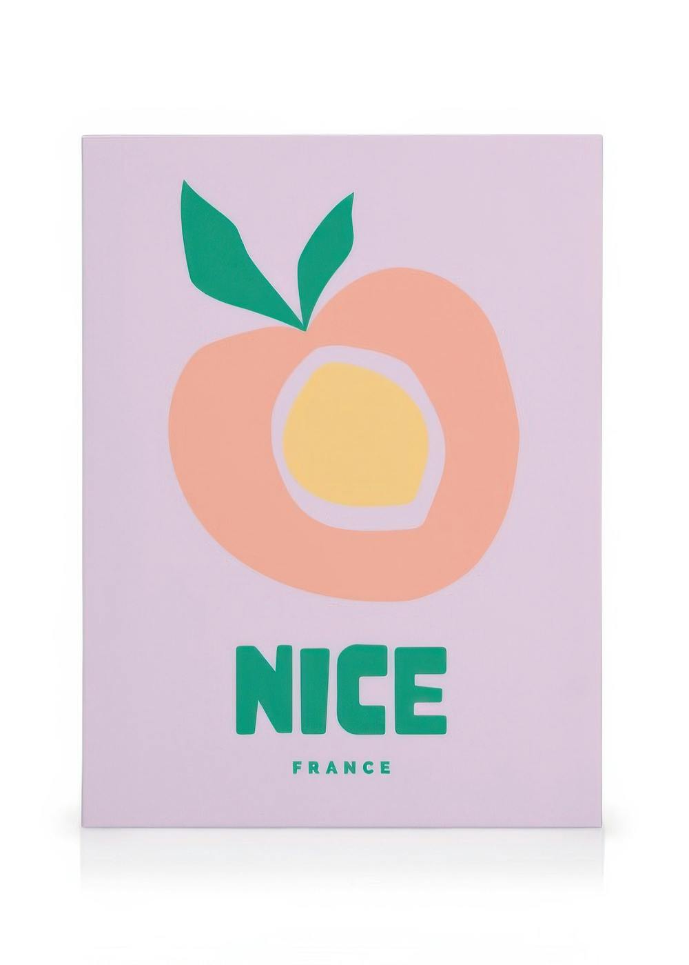 Toile moderne Nice France avec pêche stylisée rose, jaune et vert sur fond violet pastel