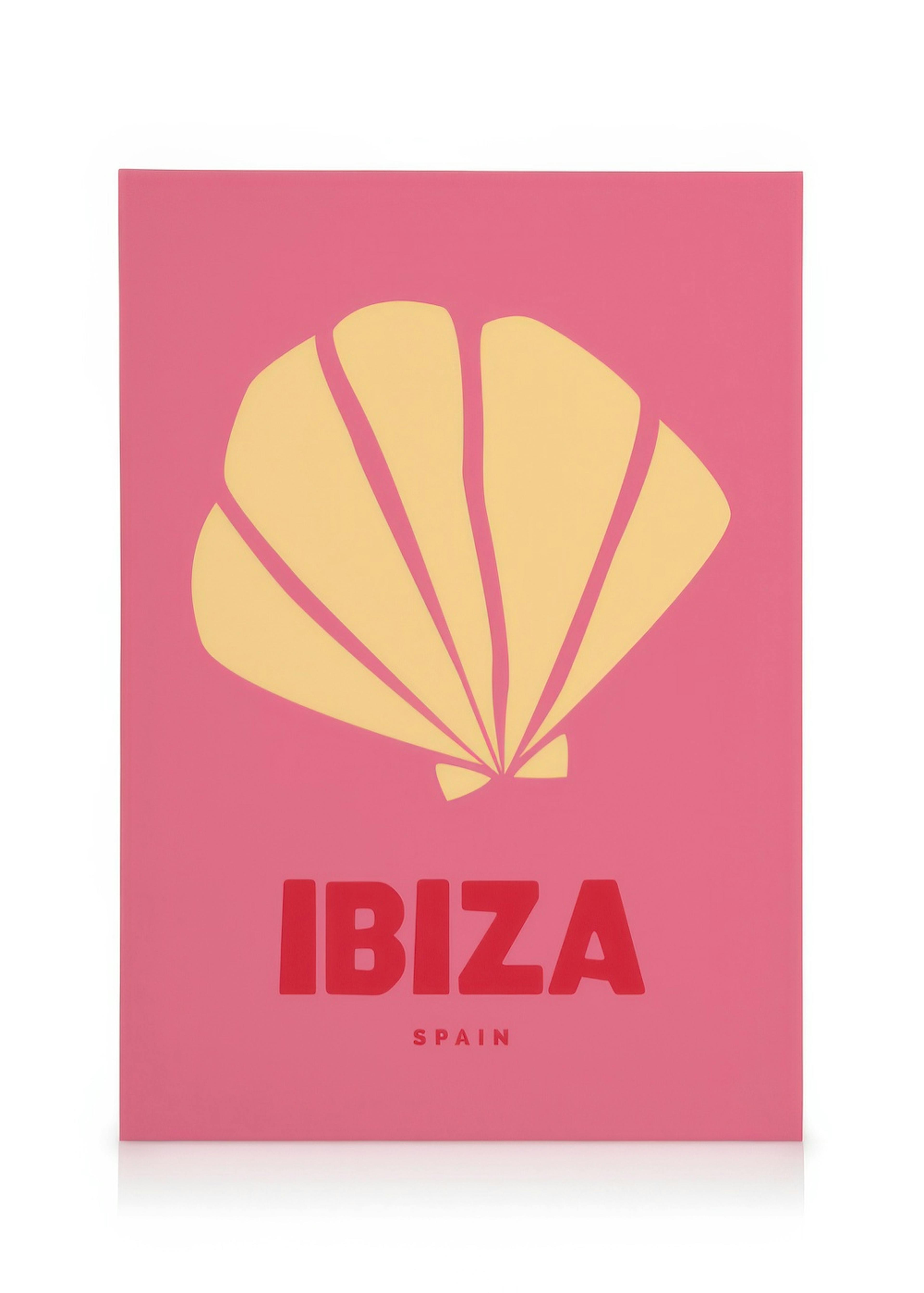 Toile rose avec coquillage jaune et typographie rouge Ibiza Espagne