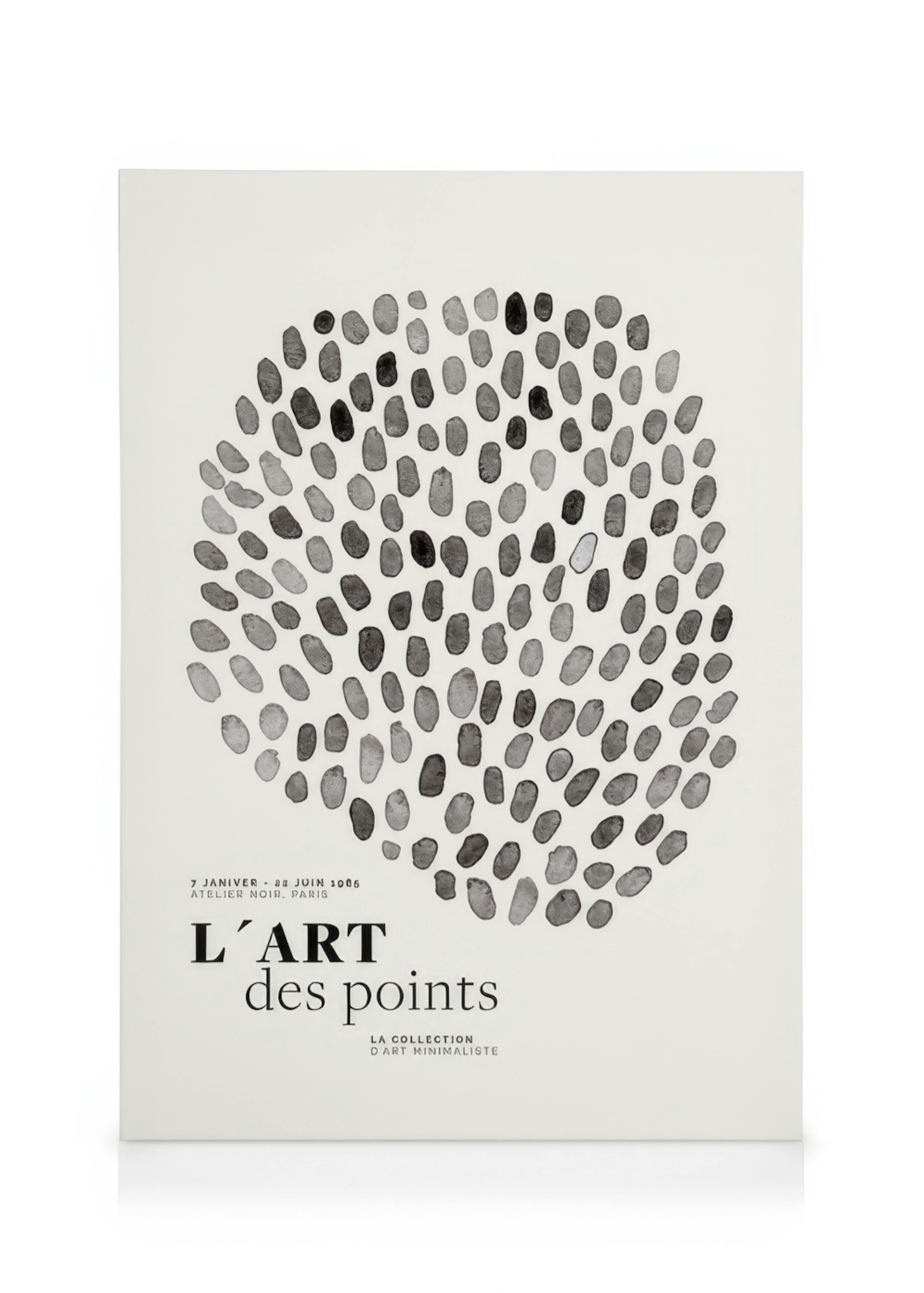 Lienzo Lart des Points No1: formas ovaladas negras, acuarela, estilo minimalista sobre fondo blanco, texto francés.