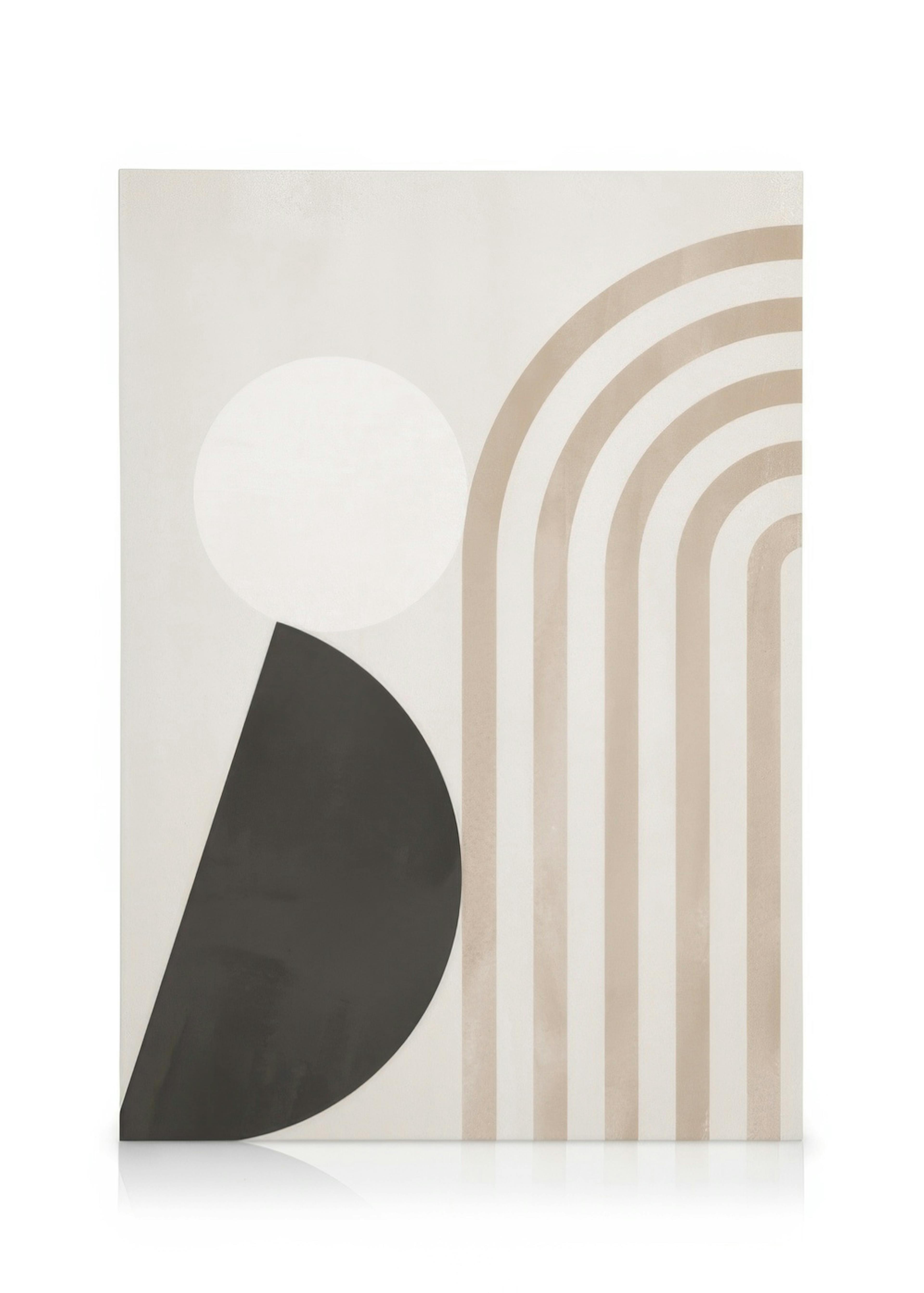 Stampa su tela con forme geometriche astratte in tonalità neutre, semicerchio nero, cerchio bianco e archi beige.