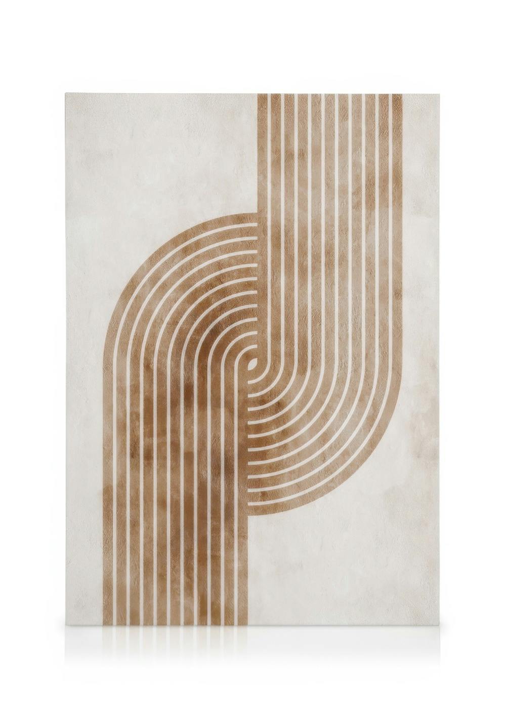 Toile avec motif géométrique de lignes courbes cuivre sur fond beige, créant des arches minimalistes