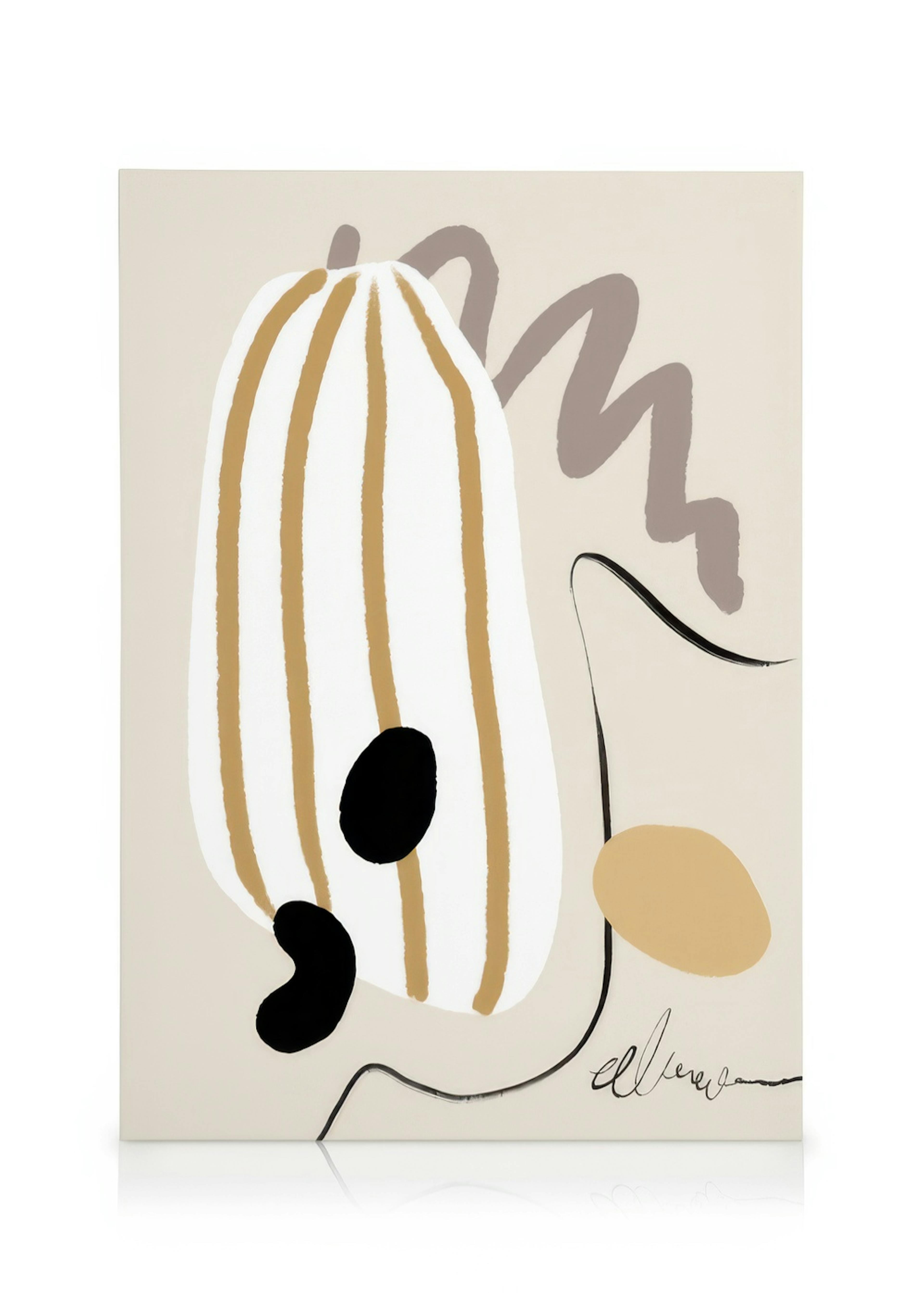 Abstract Still Life No1 Canvas, featuring an off-white background with a large striped white and gold gourd, a black line formin