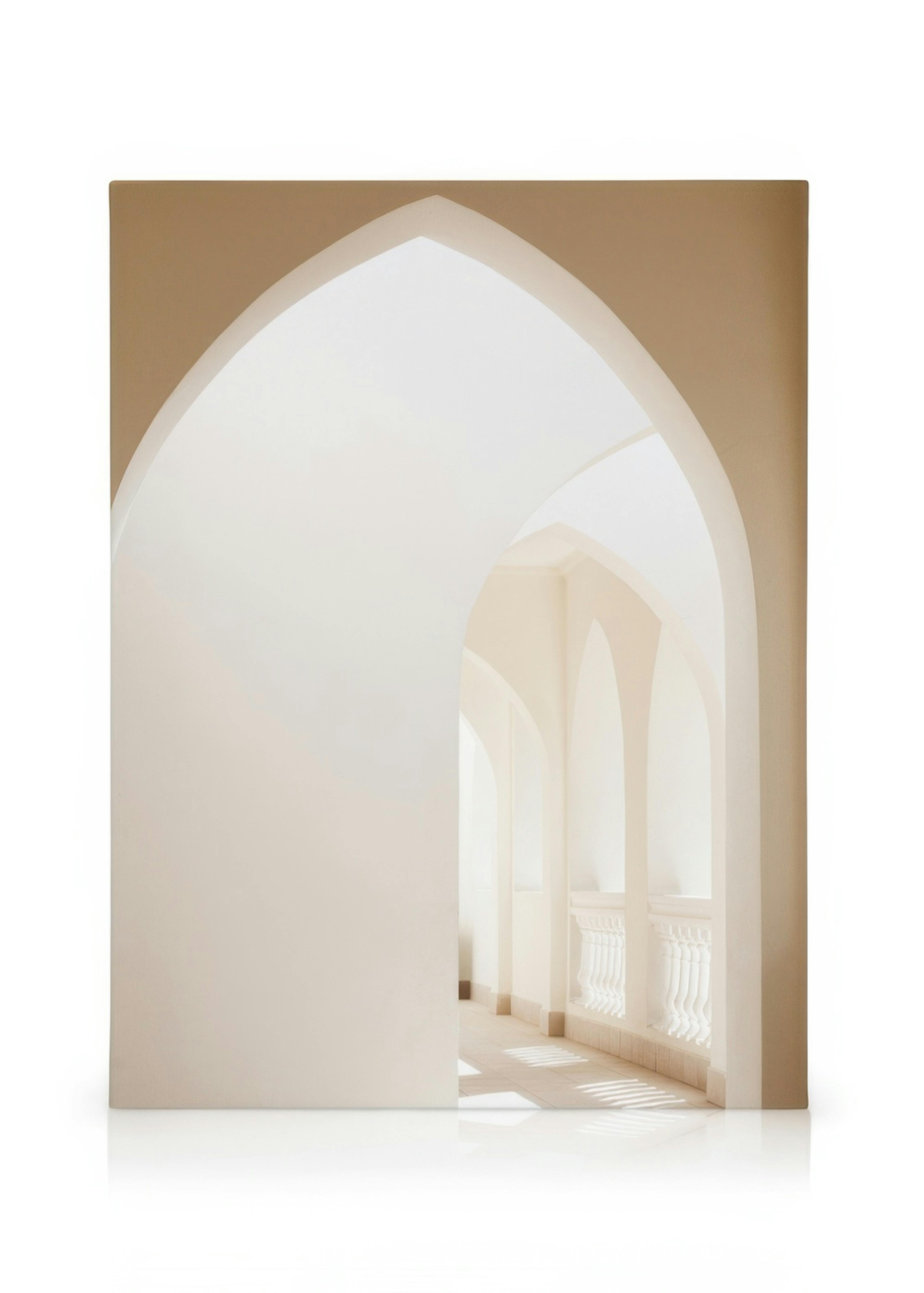 Toile présentant un couloir aéré aux arches répétées, avec des murs clairs et des ombres architecturales