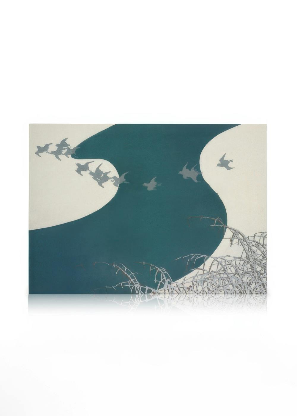 Kamisaka Sekka Birds from Momoyogusa canvas print, featuring bird silhouettes and branches in blue and grey.