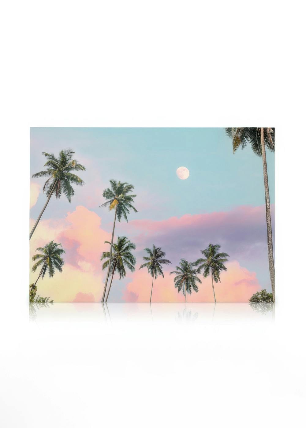 Lærred med palmer og lyserøde skyer ved solnedgang, fuldmåne på himlen, tropisk lærredskunst