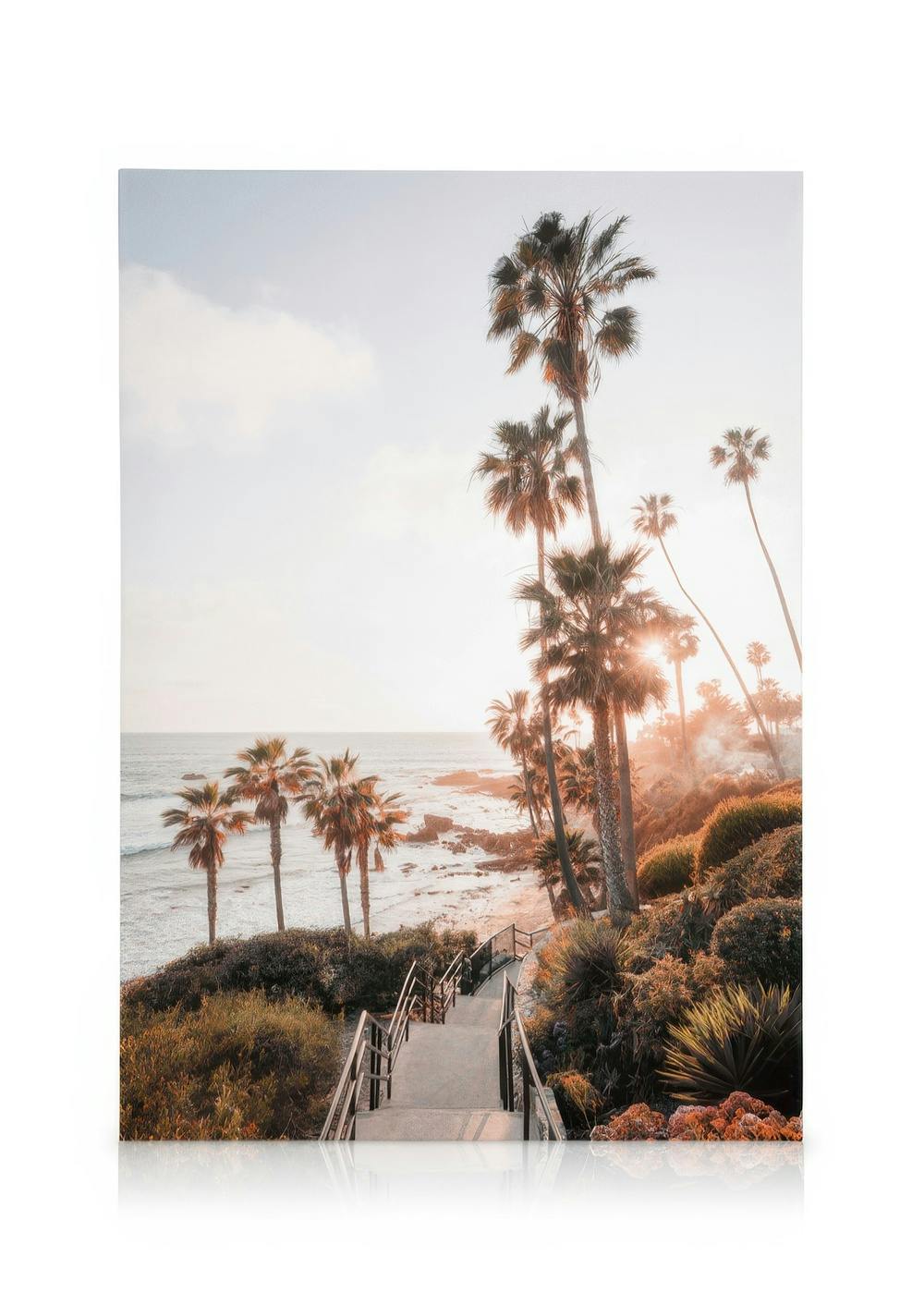 Laguna Beach al atardecer, escaleras a la playa con palmeras, tonos suaves de naranja, azul y verde.