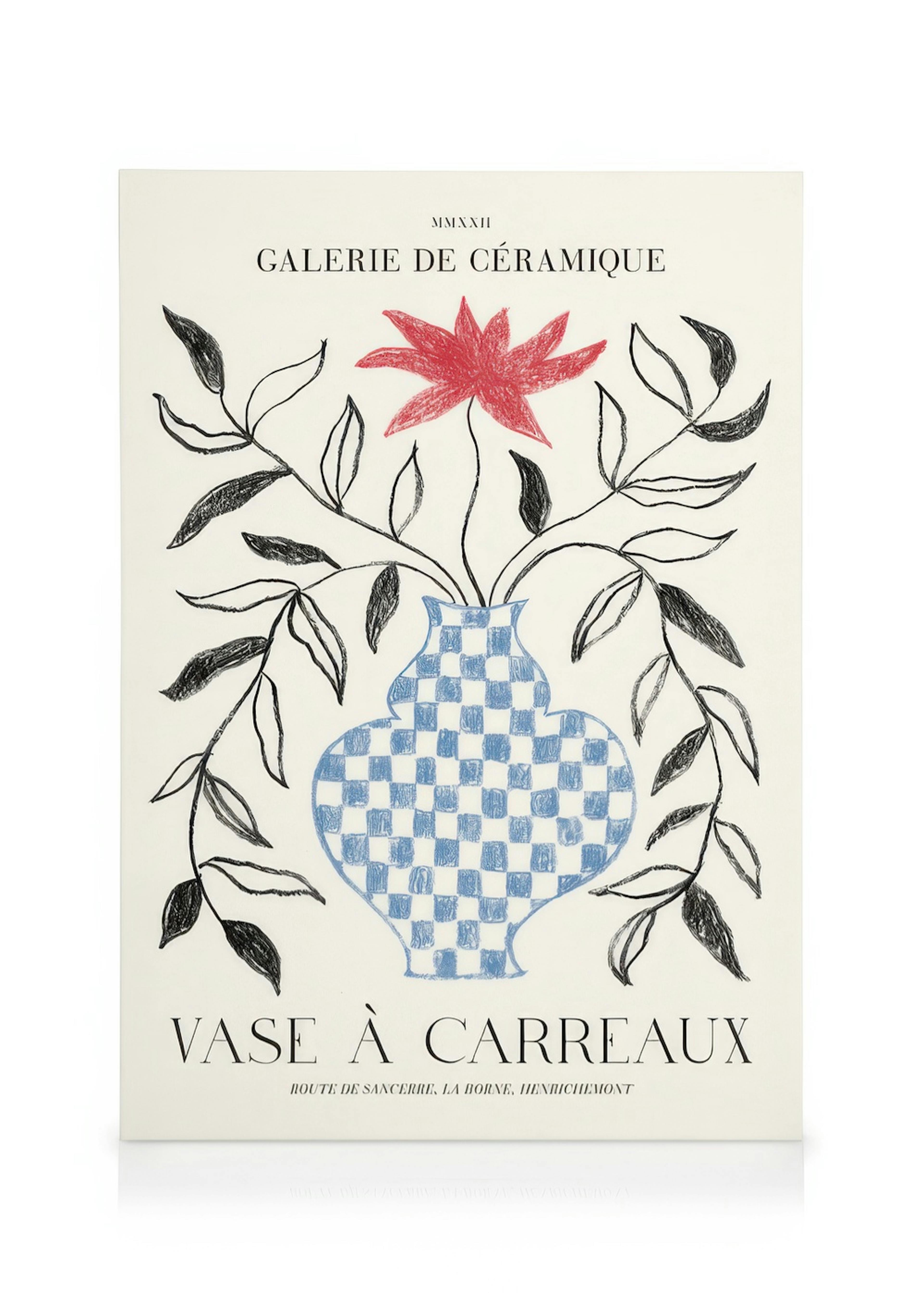 Colourful canvas print with a blue checkered vase, black leaves, and a red flower on a white background.