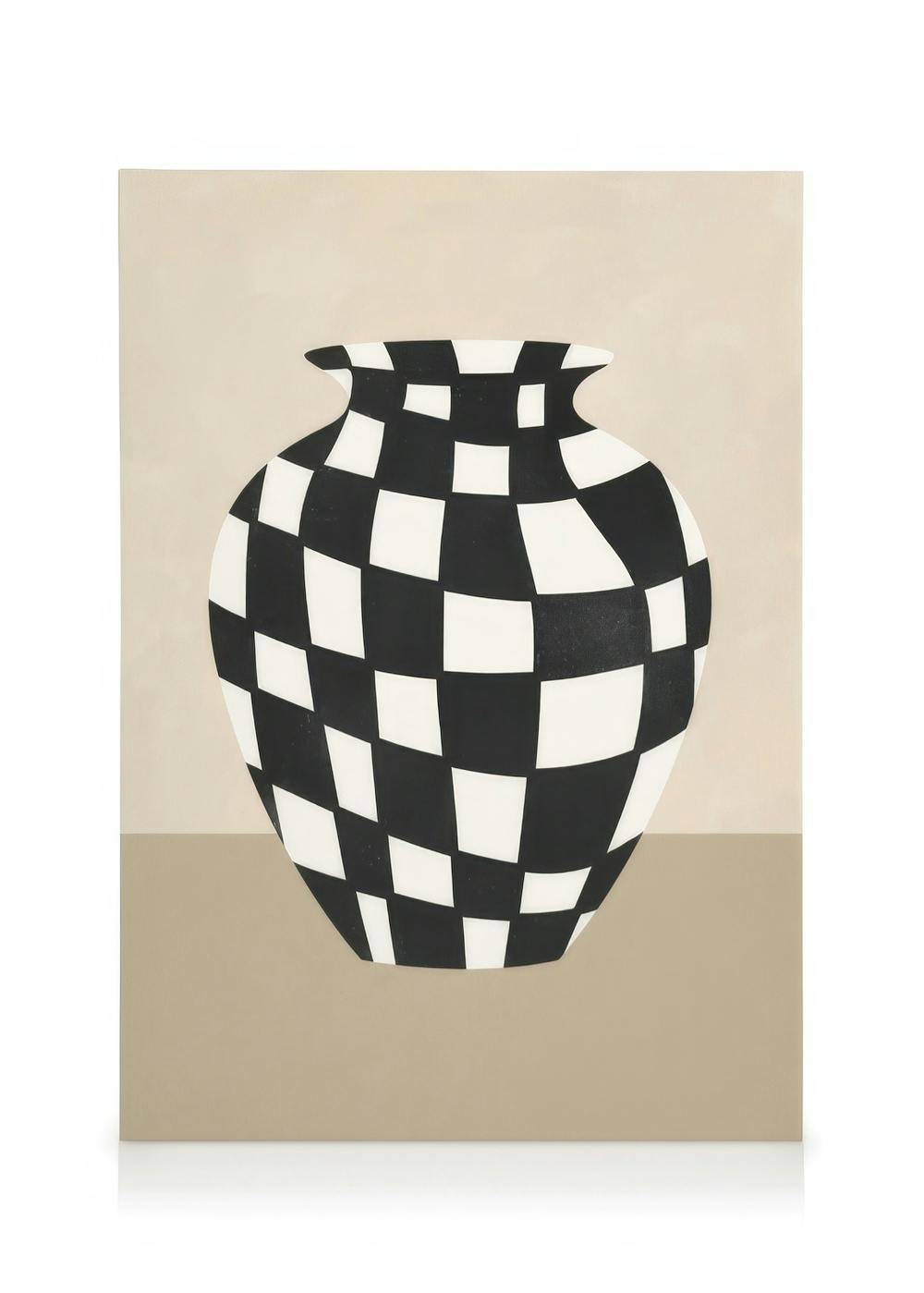 Canvas print of a checkerboard vase on a beige and brown background, Chequer No2 design.