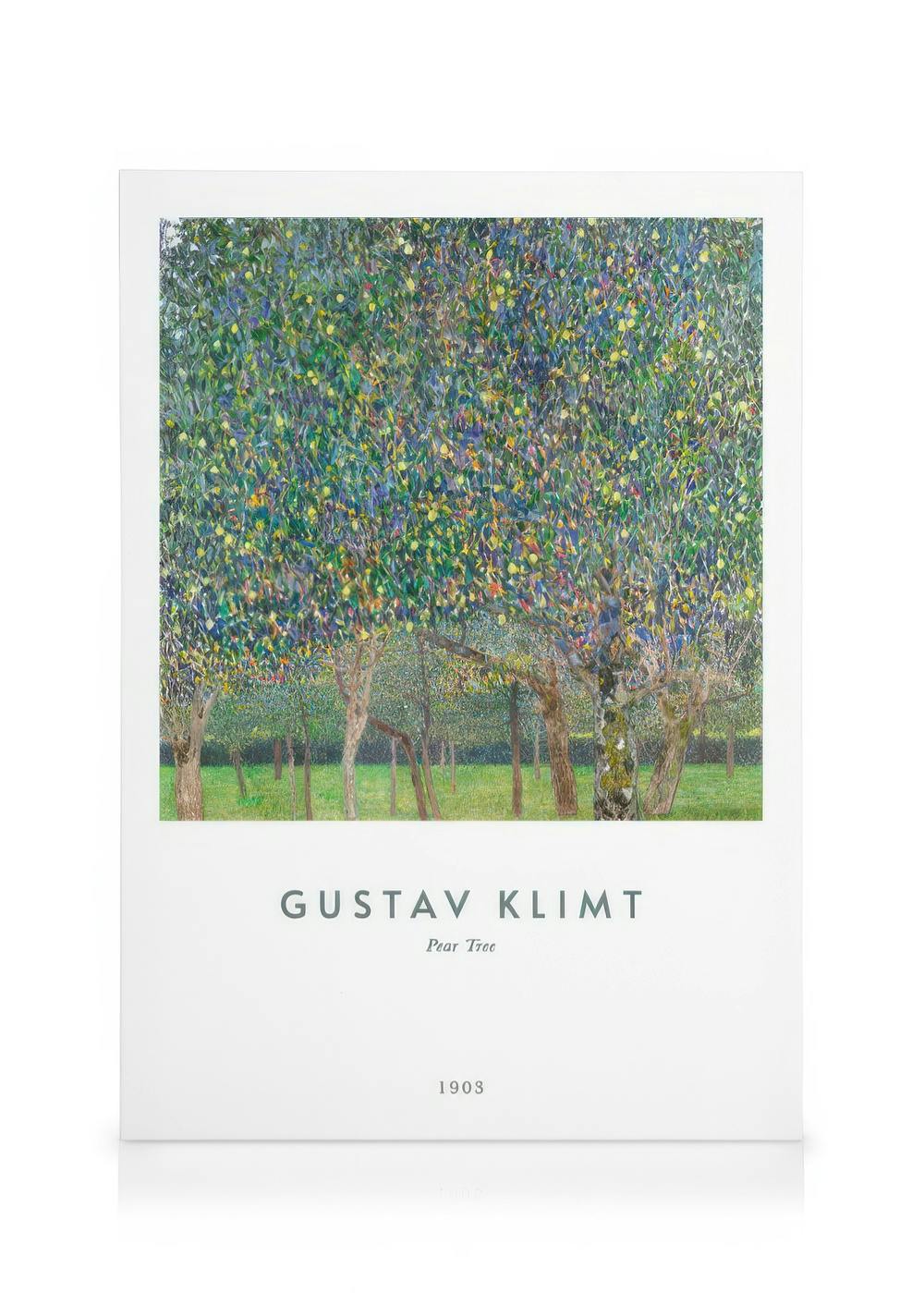 Gustav Klimts Pear Tree canvas print, a vibrant oil painting of trees with colourful green, blue, and yellow leaves.