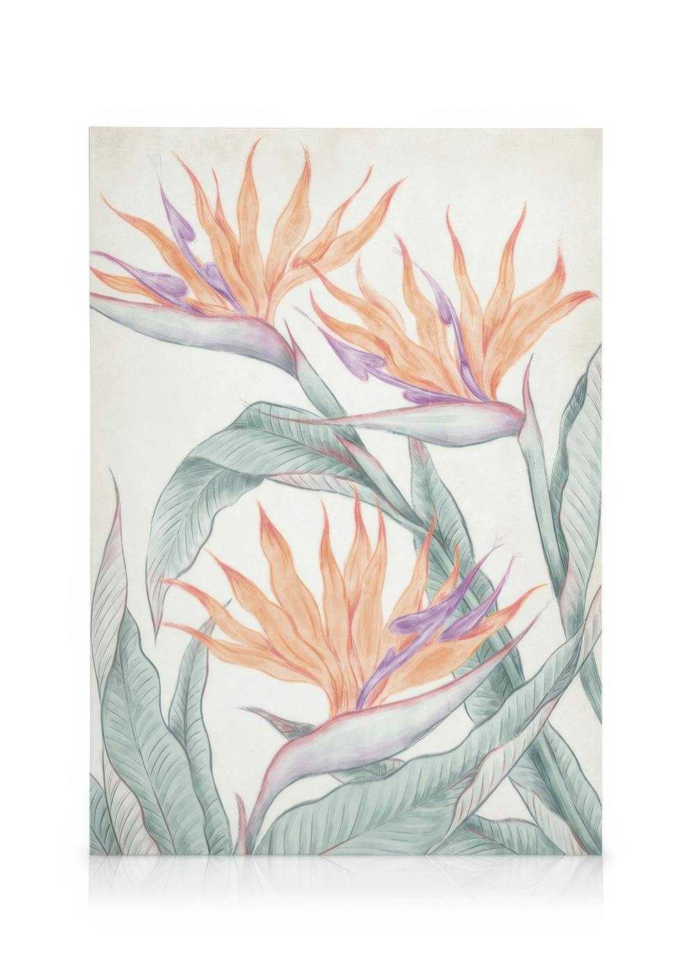 Toile fleurie avec des oiseaux de paradis orange et violet, entourés de feuilles vertes sur un fond blanc texturé. Peinture aqua