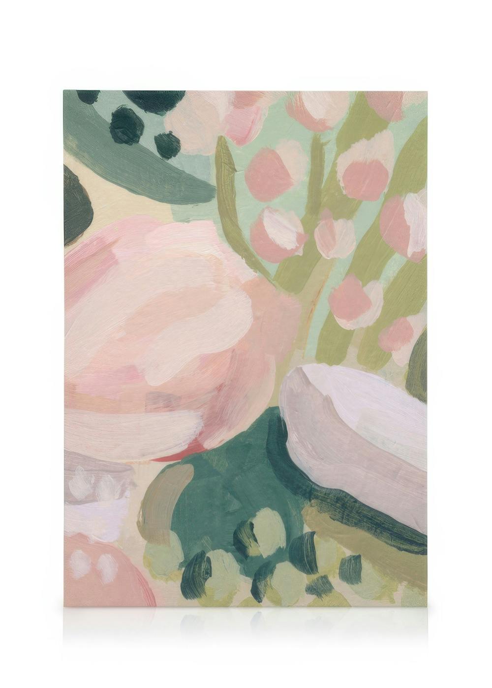 Akryl blomsterlærred: pastelfarvet floral abstrakt kunst med lyserøde, grønne og beige nuancer.