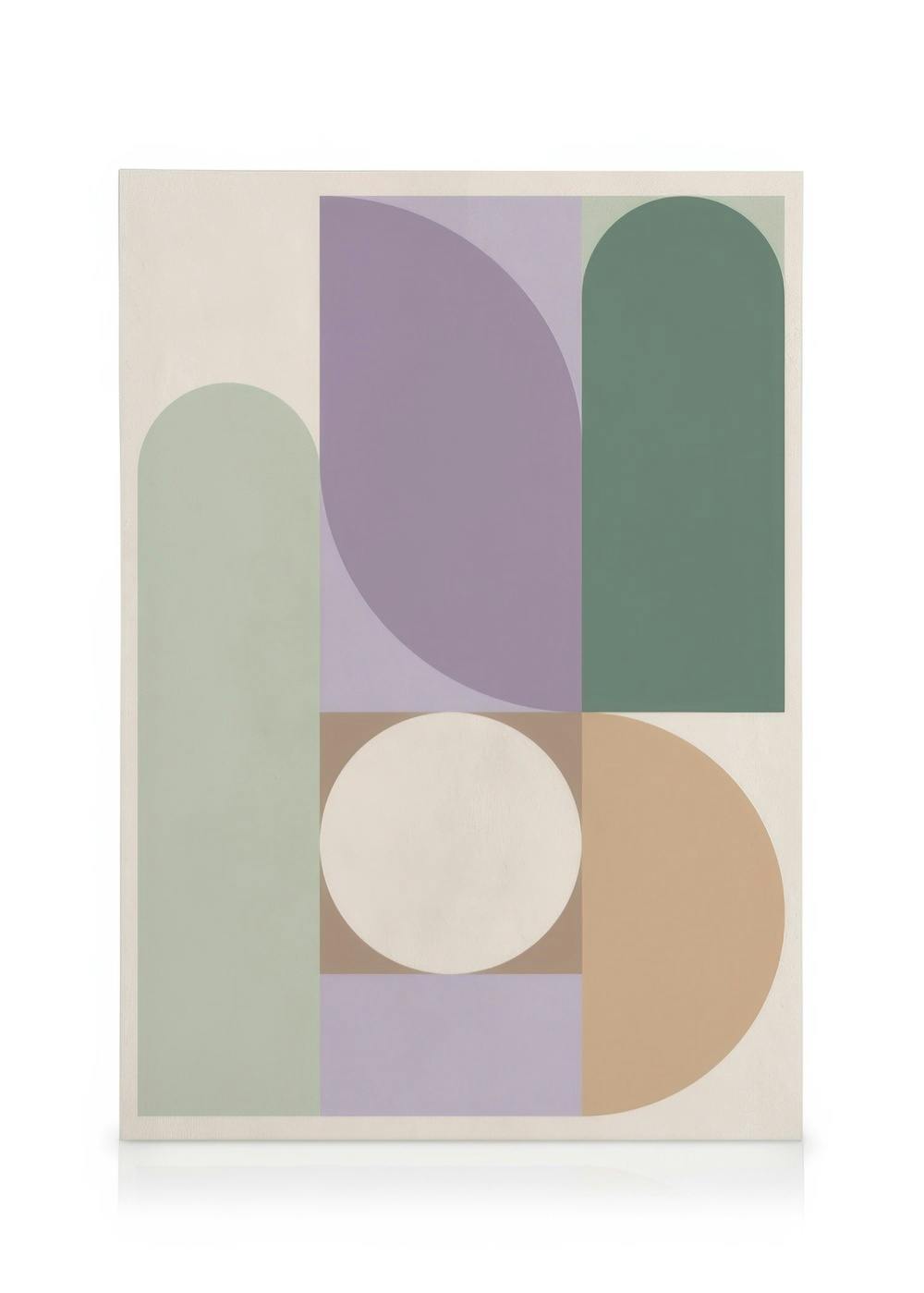 Abstract canvas print with muted green, purple, tan, and cream geometric shapes overlapping on an off-white background.
