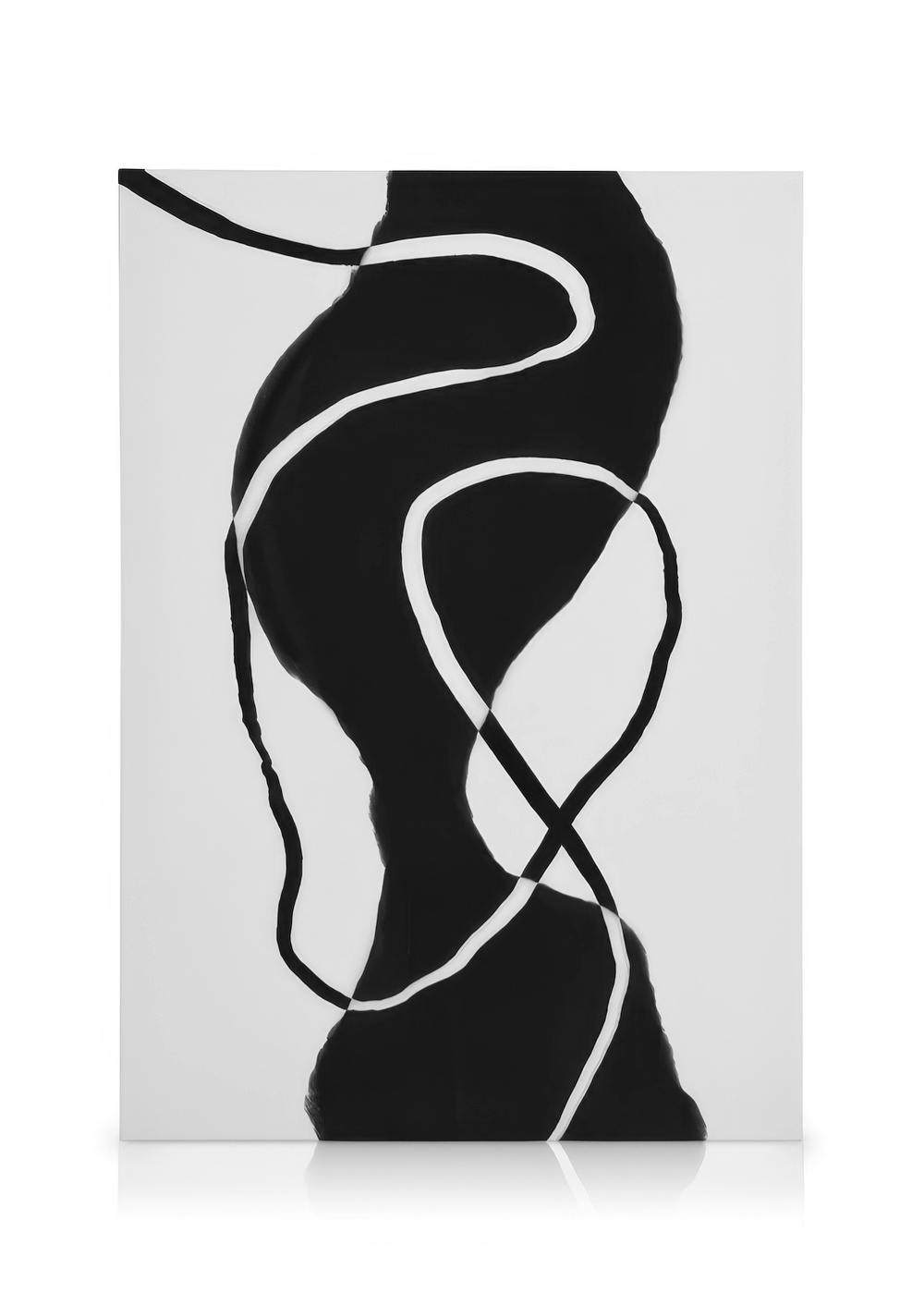 Toile abstraite noir et blanc, silhouette noire entrelacée de lignes blanches sur fond gris clair