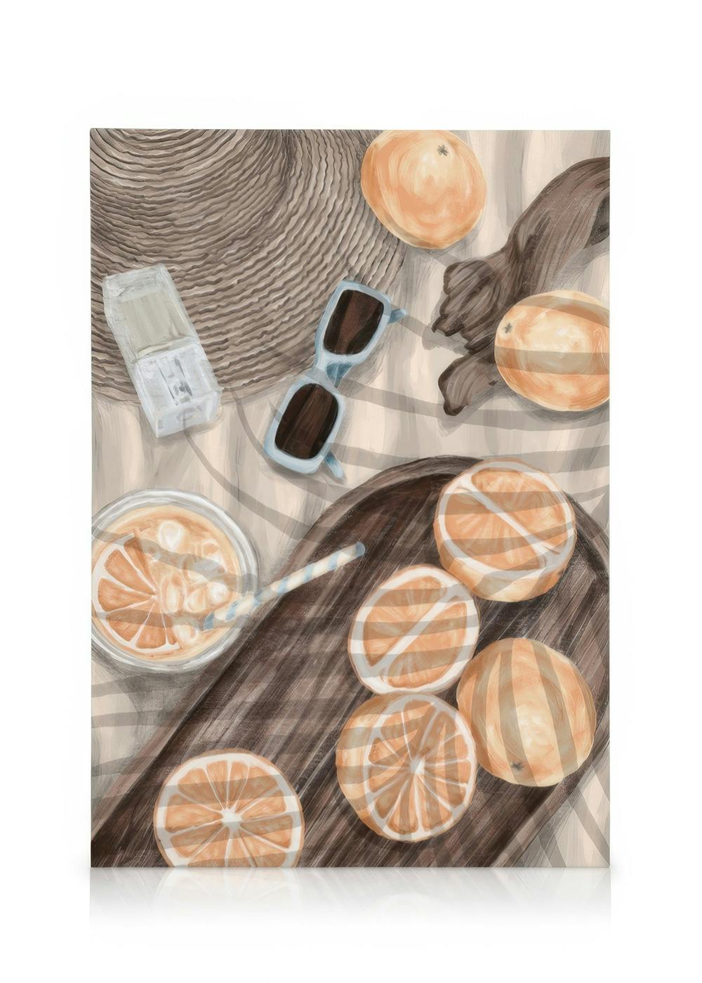 Overhead view of citrus fruits, orange slices, and orange juice on a wooden tray, with a straw hat and sunglasses nearby, enhanc