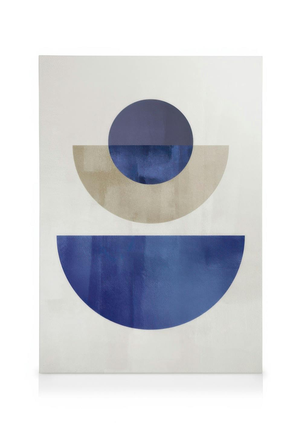 Lienzo geométrico abstracto con círculos y semicírculos azules y beige sobre fondo blanco, arte moderno.