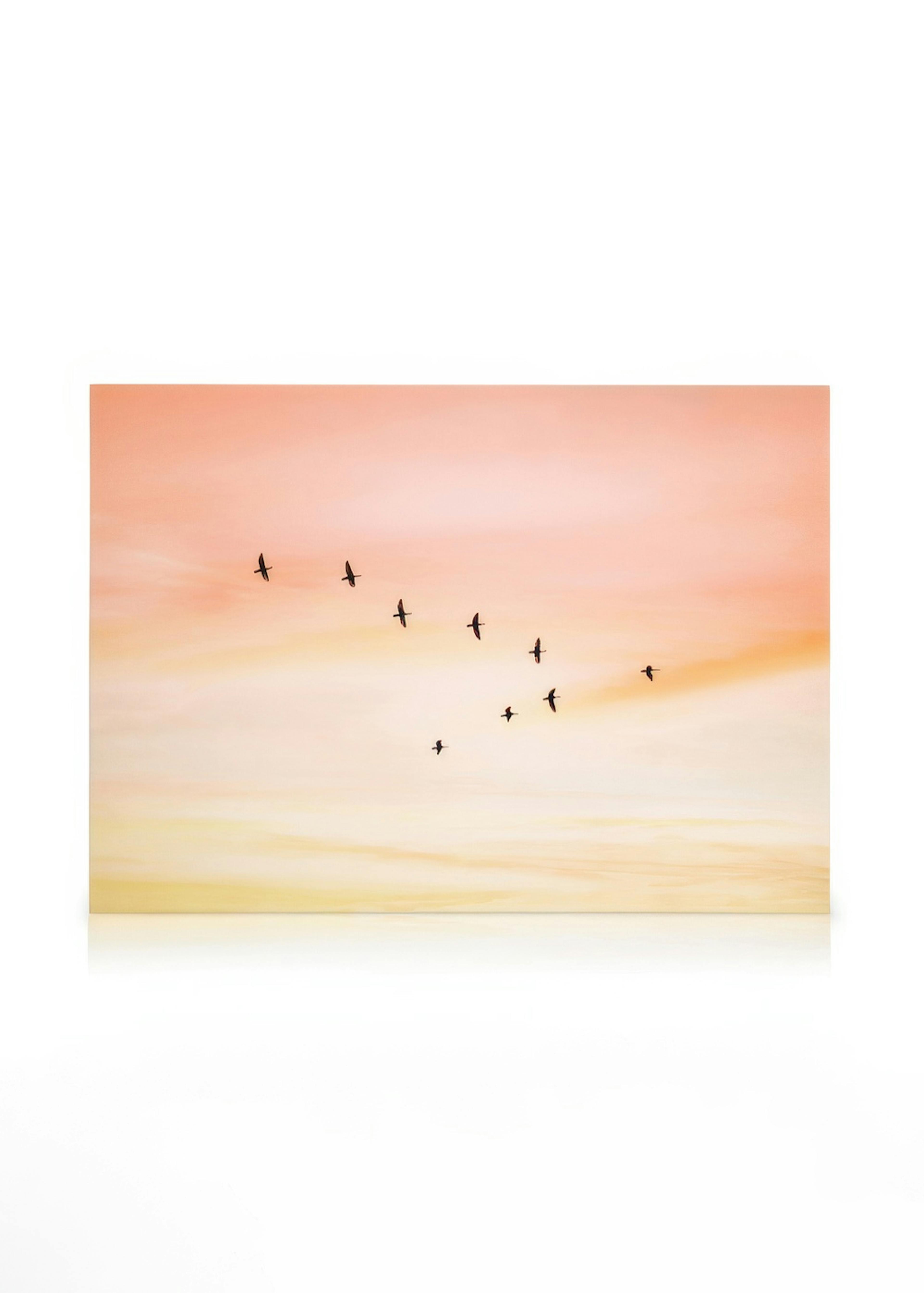Leinwandbild mit Vögeln im Sonnenuntergang in Rosa- und Gelbtönen, in einem modern eingerichteten Wohnzimmer.