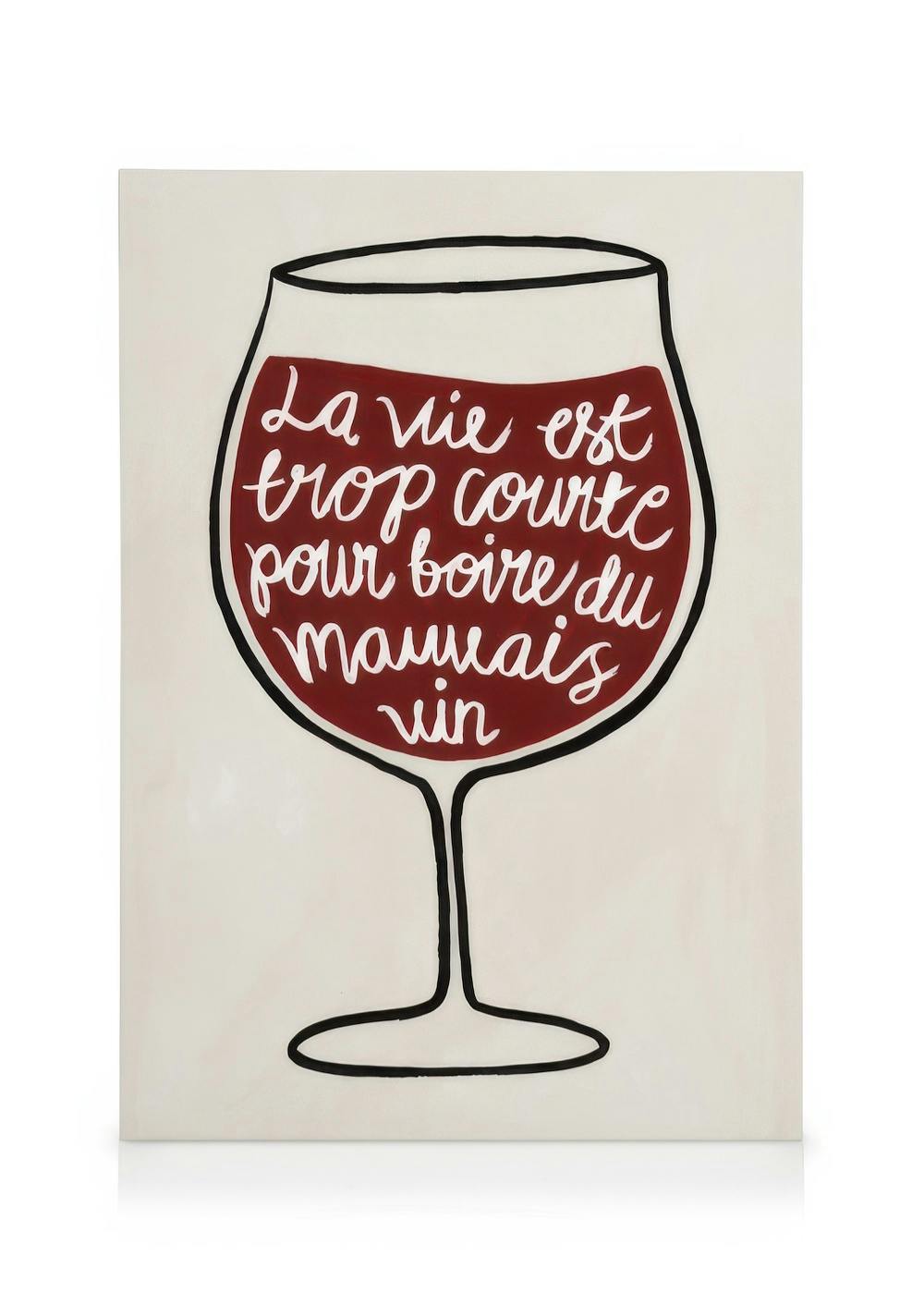 Stampa su tela con bicchiere di vino stilizzato e scritta francese bianca su sfondo bordeaux, ideale per cucina.